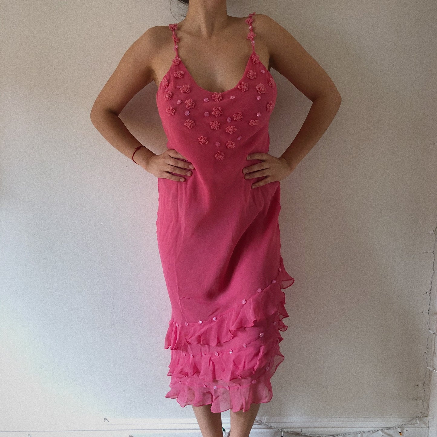 Pure Silk Hot Pink Flower Embellished Dress