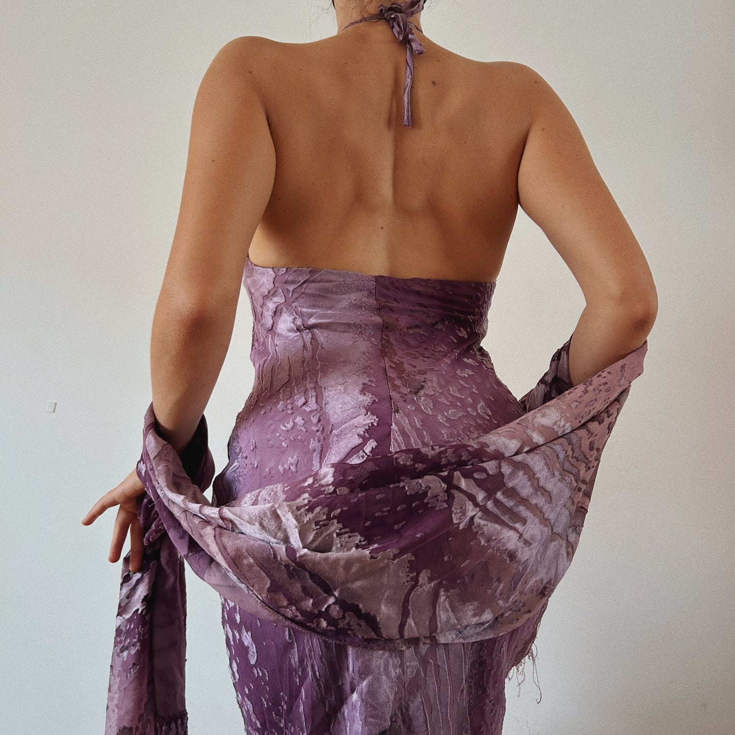 Spanish Halter Velvety Gown With Scarf