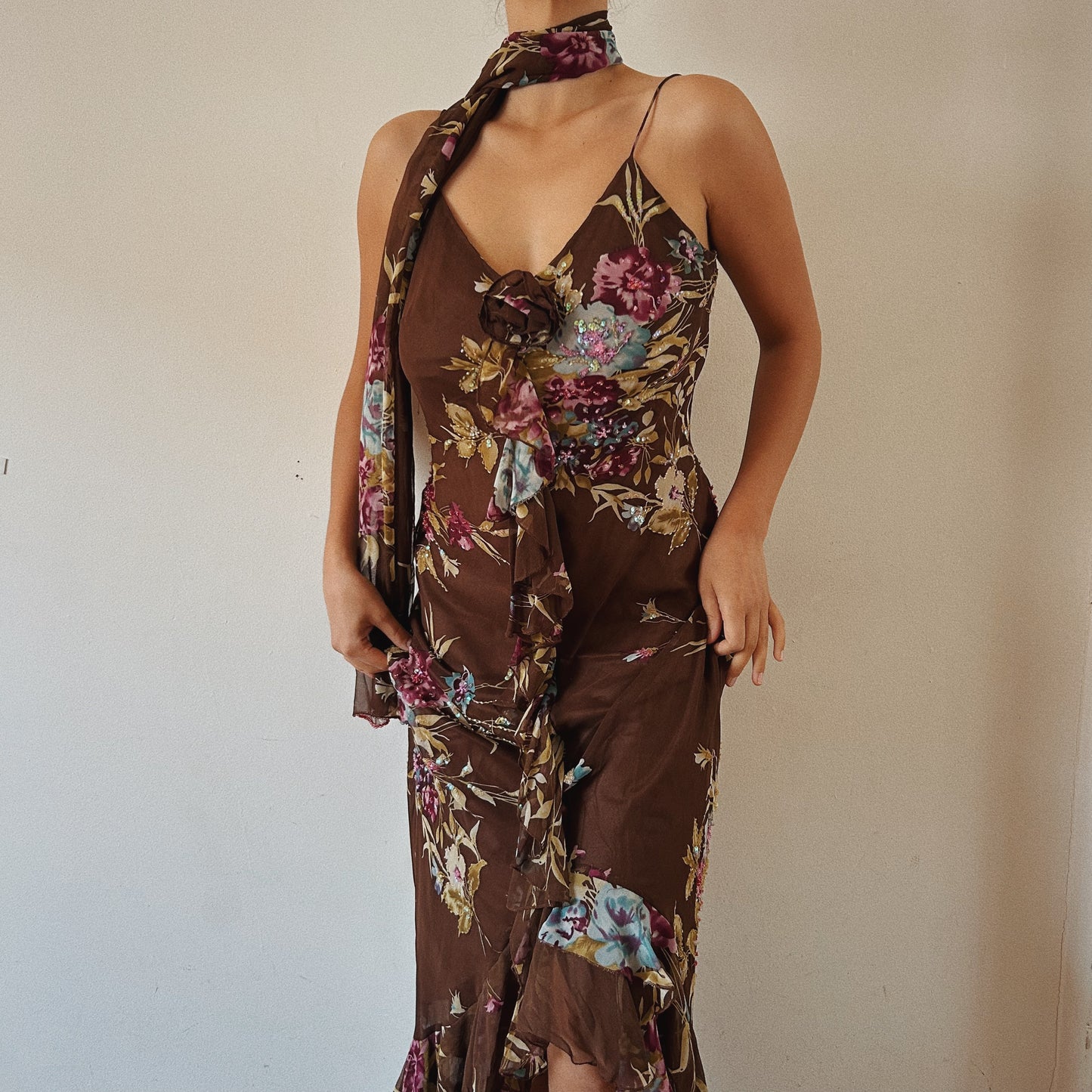 Silk Floral Beaded Maxi Dress with Shawl