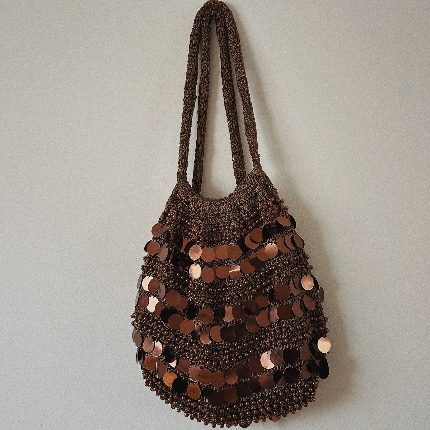 Brown Crochet Sequins Embellished Shoulder Bag