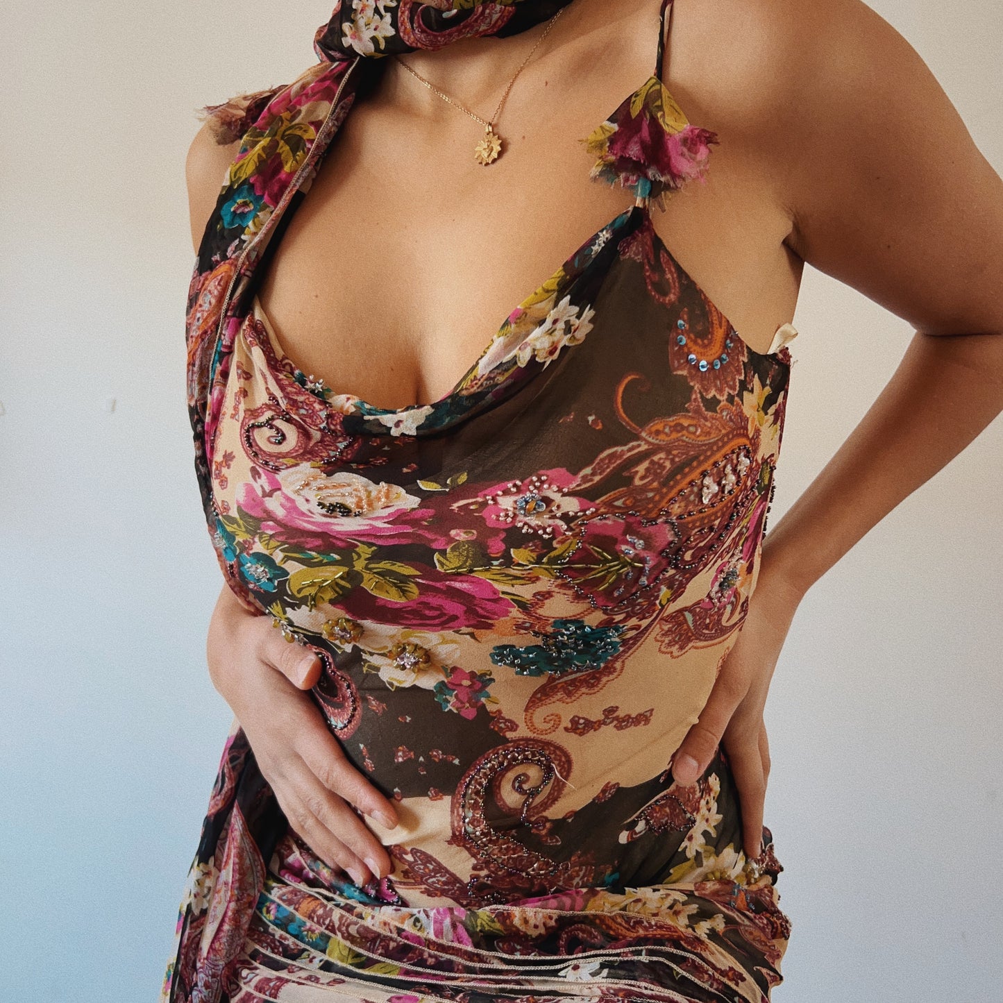 Stunning Paisley Beaded Ruffled Dress With Scarf