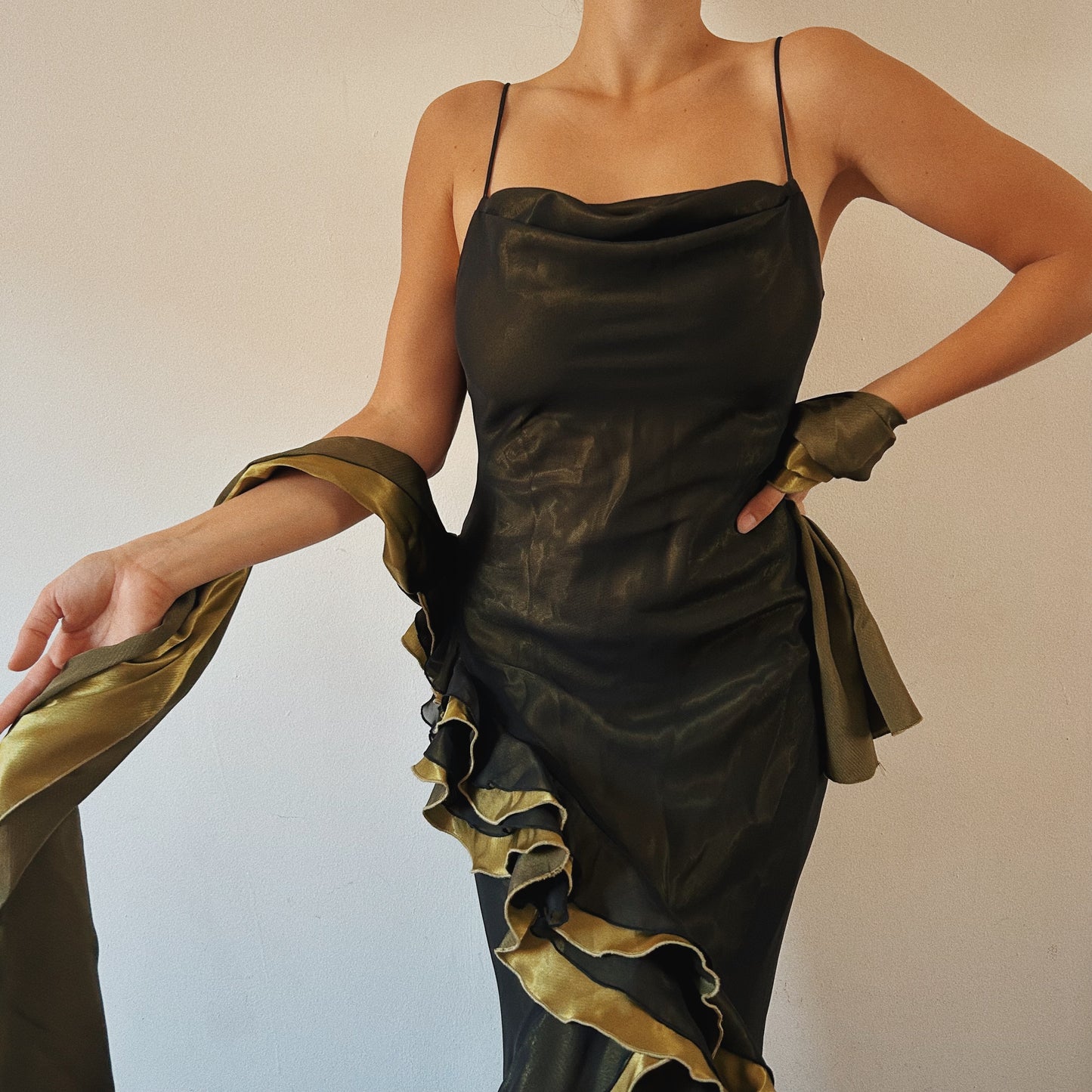 Ruffled Mesh Green Gown