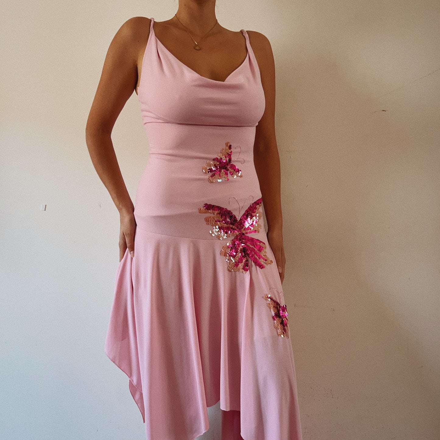 Italian Designer Asymmetrical Pink Butterflies Sequins Dress