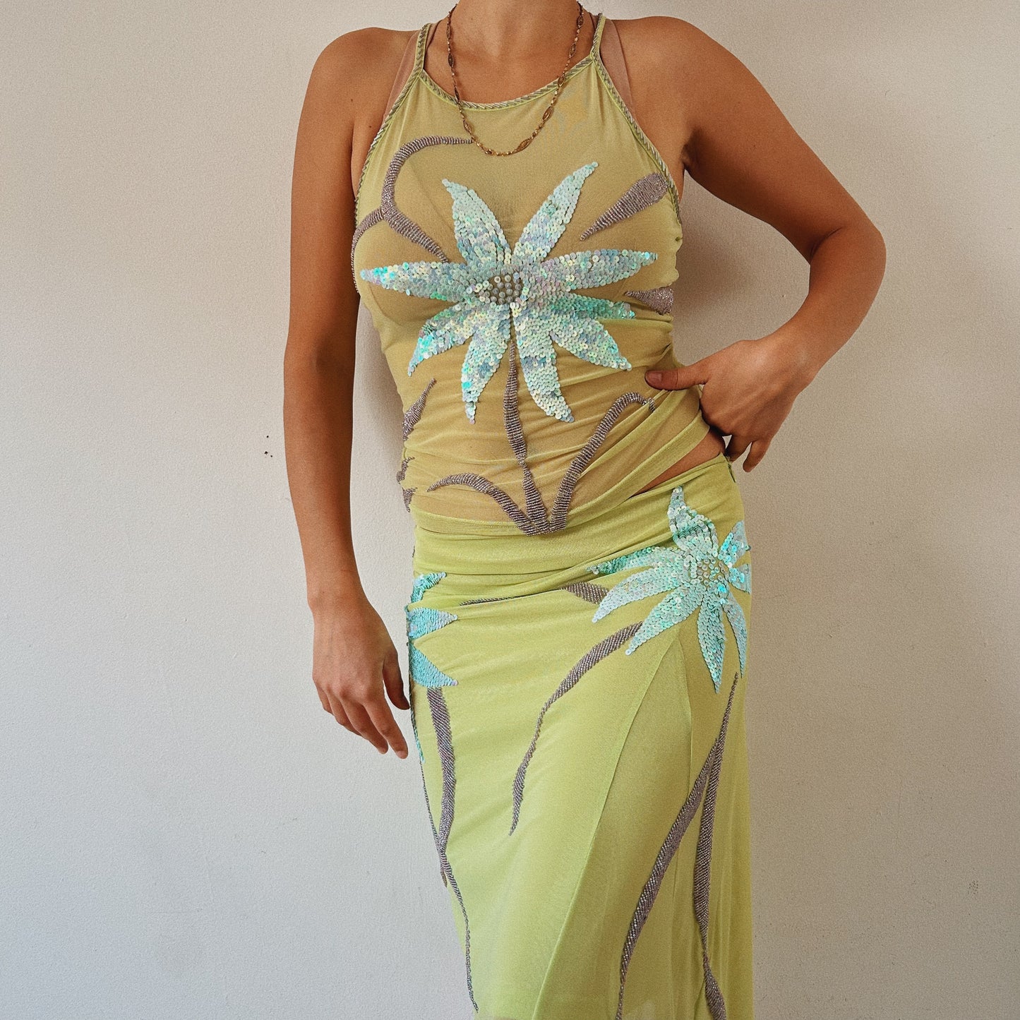 Italian Designer Green Sequins Mesh Set