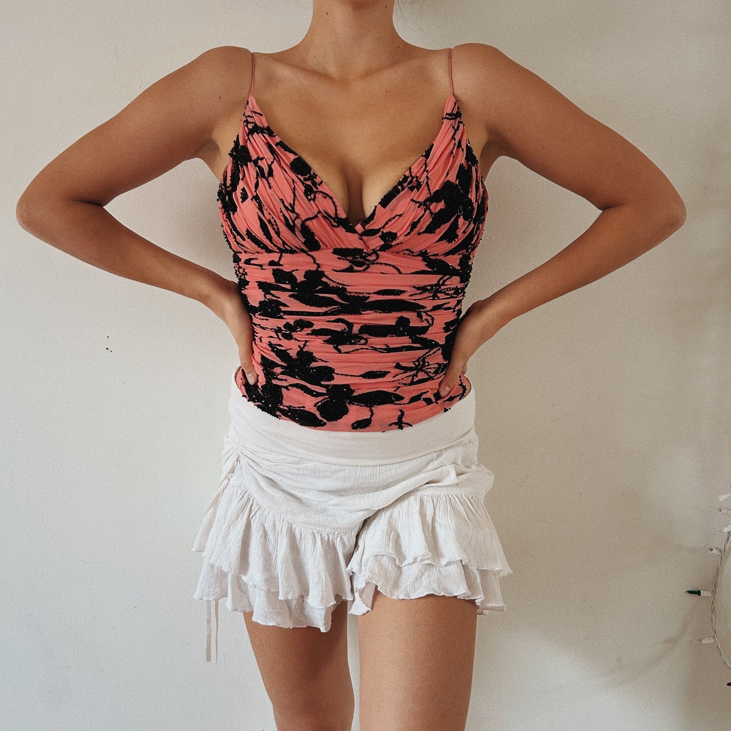 Silk Hot Pink Ruched Beaded Top