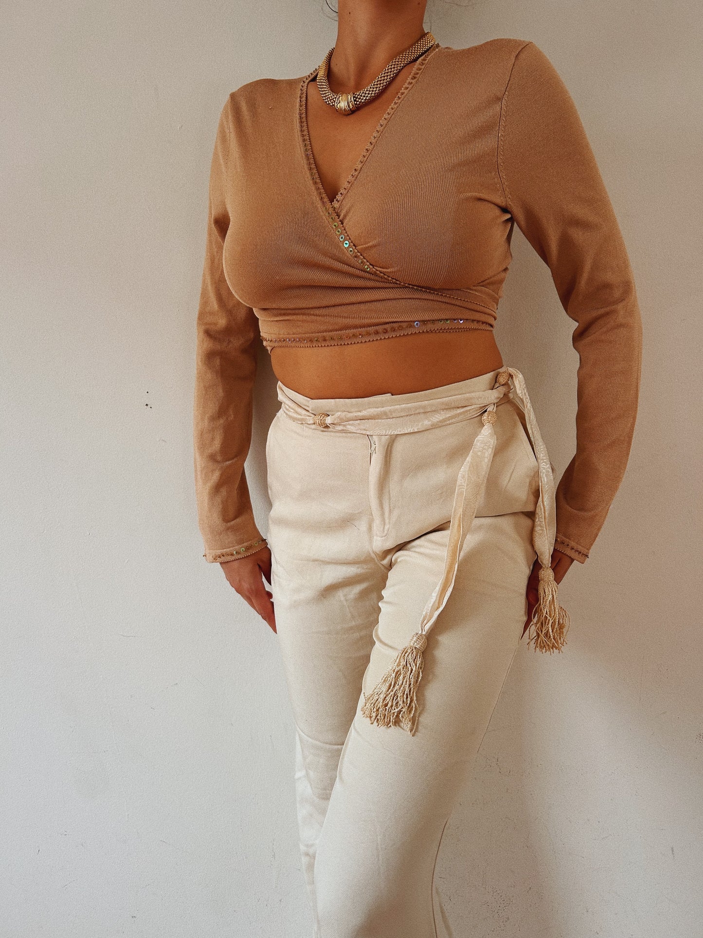 Chic Beige Bolero Tie Embellished Cardigan