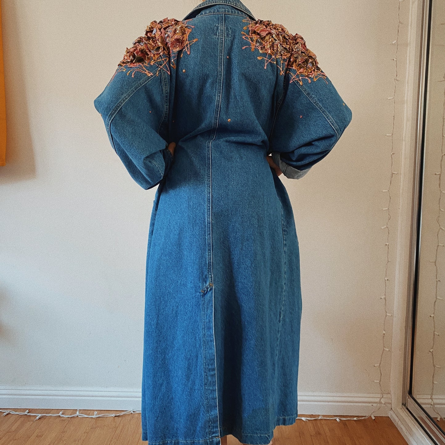 Unique vintage denim maxi jacket painted shoulders details