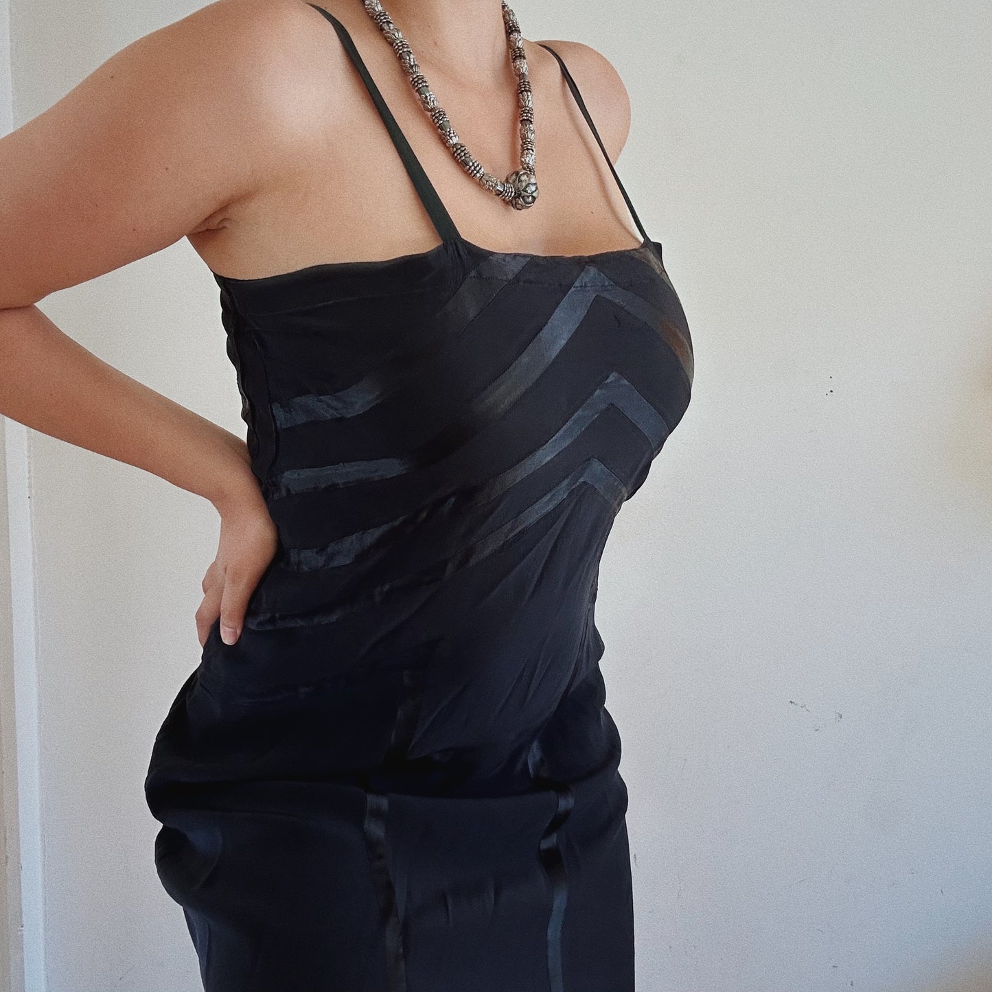 Silky black mini ruffled dress