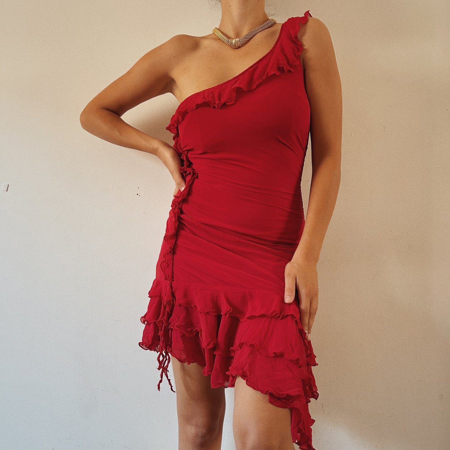 Red Silk One-Shoulder Ruffle Dress