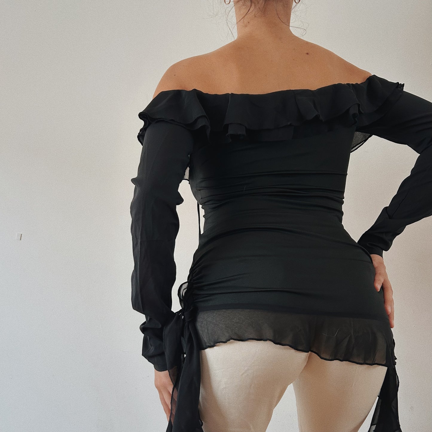 Black Mesh Off The Shoulder Ruffled Top