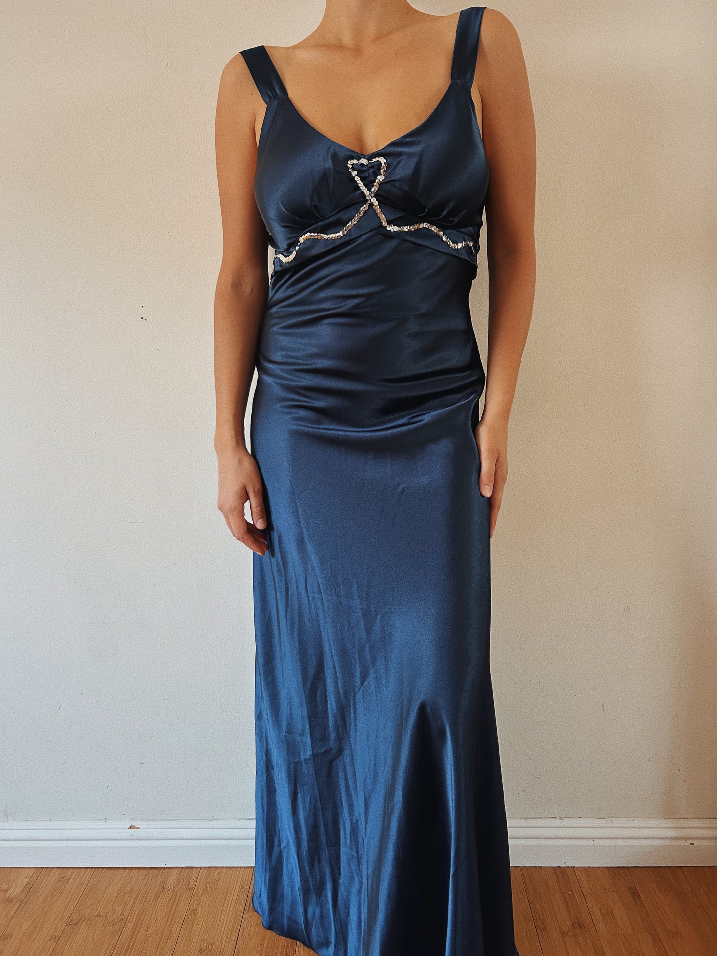 Navy Satin Gown With Sequins