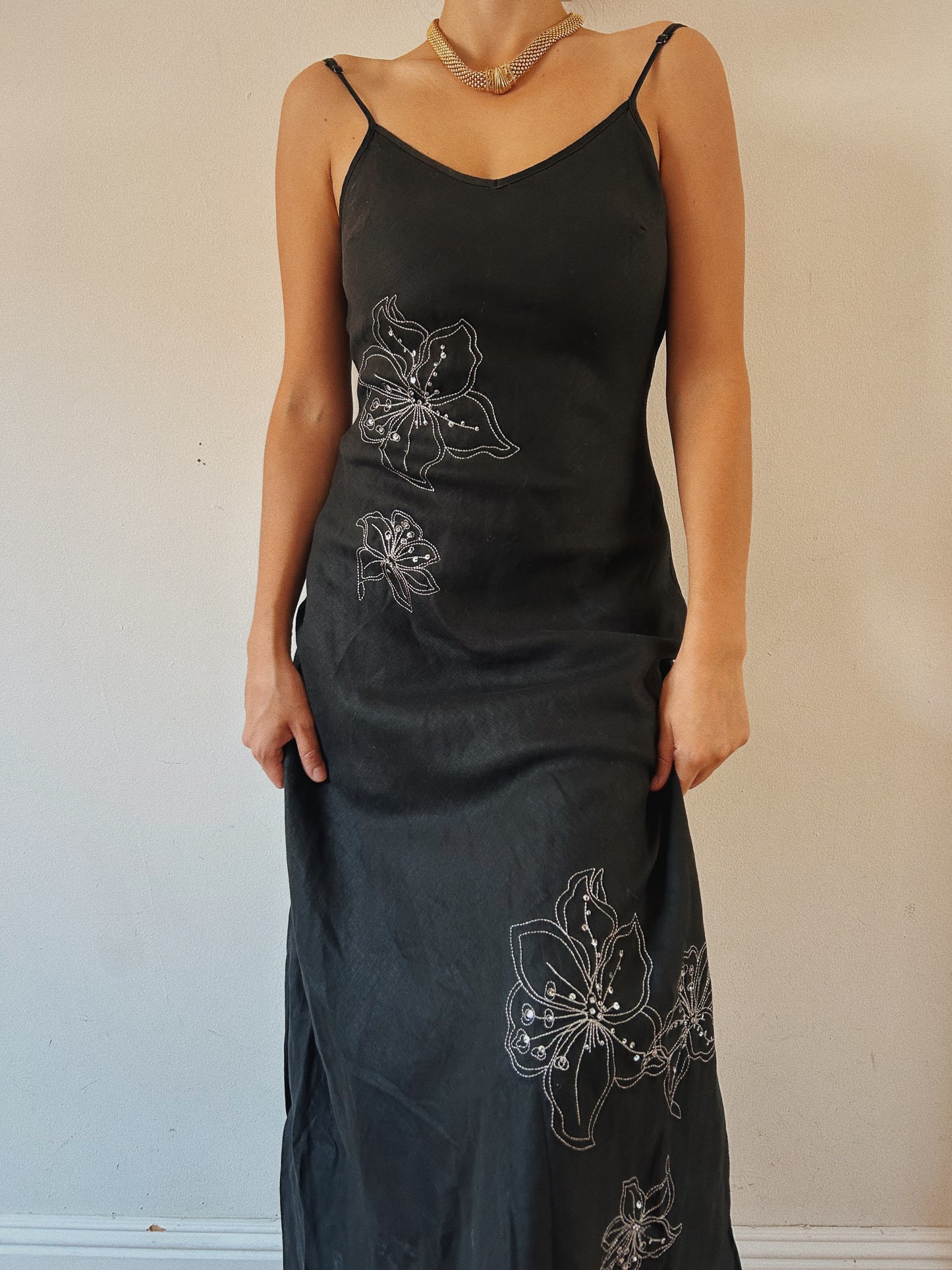 Linen Maxi Sequins Floral Dress