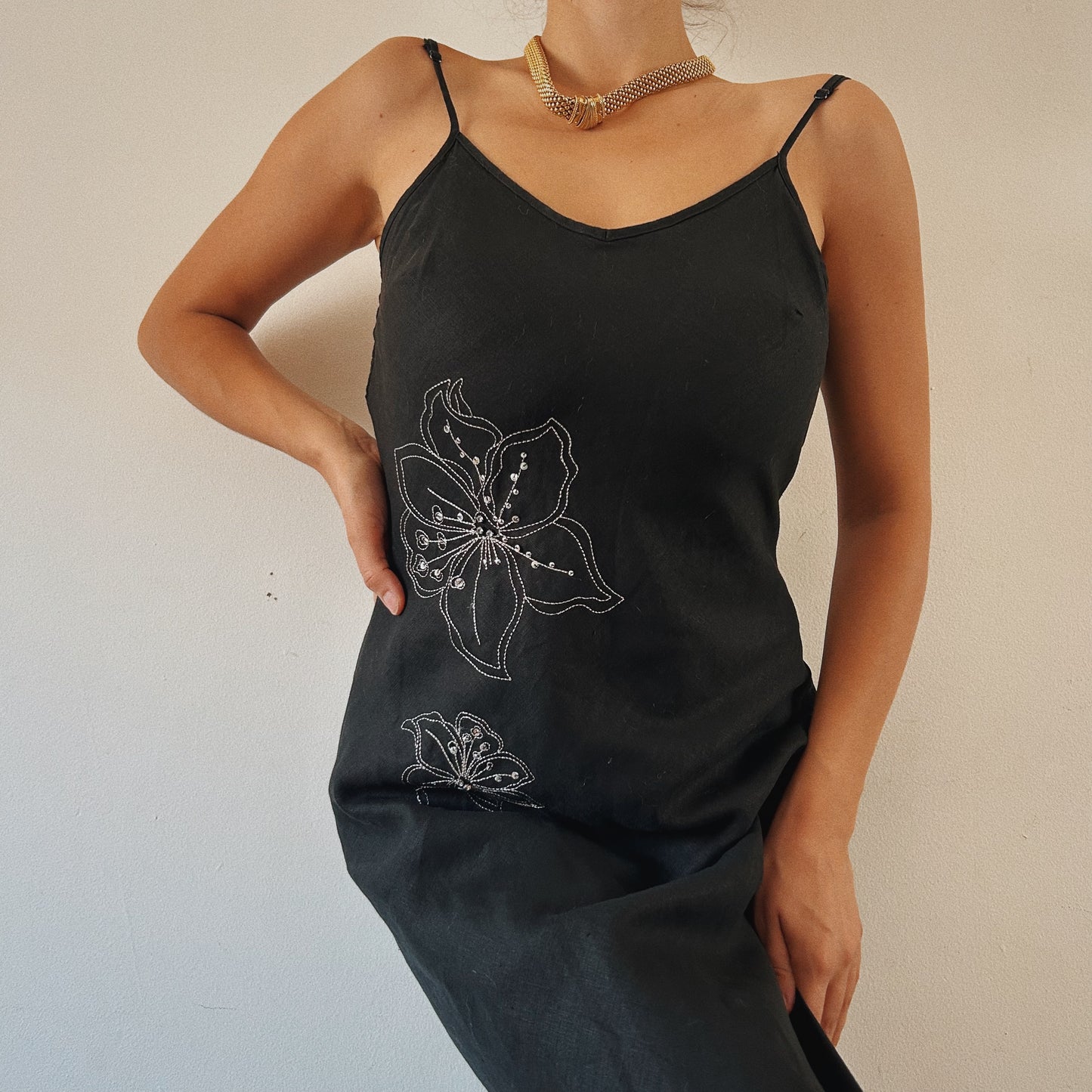 Linen Maxi Sequins Floral Dress