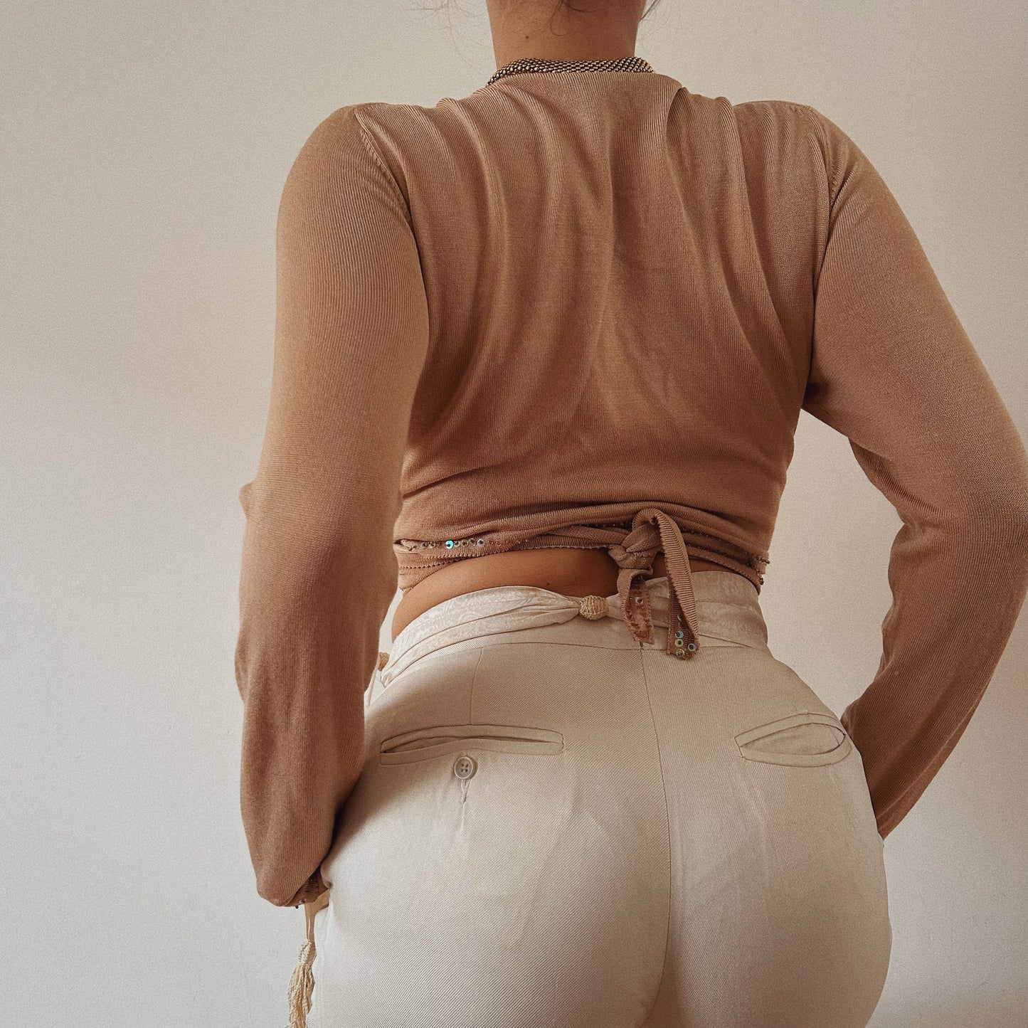 Chic Beige Bolero Tie Embellished Cardigan