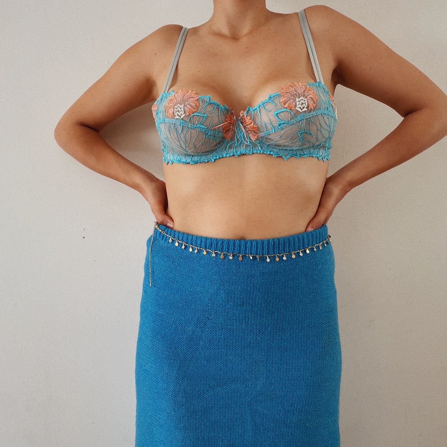 Vintage embroidered blue bra by French Designer