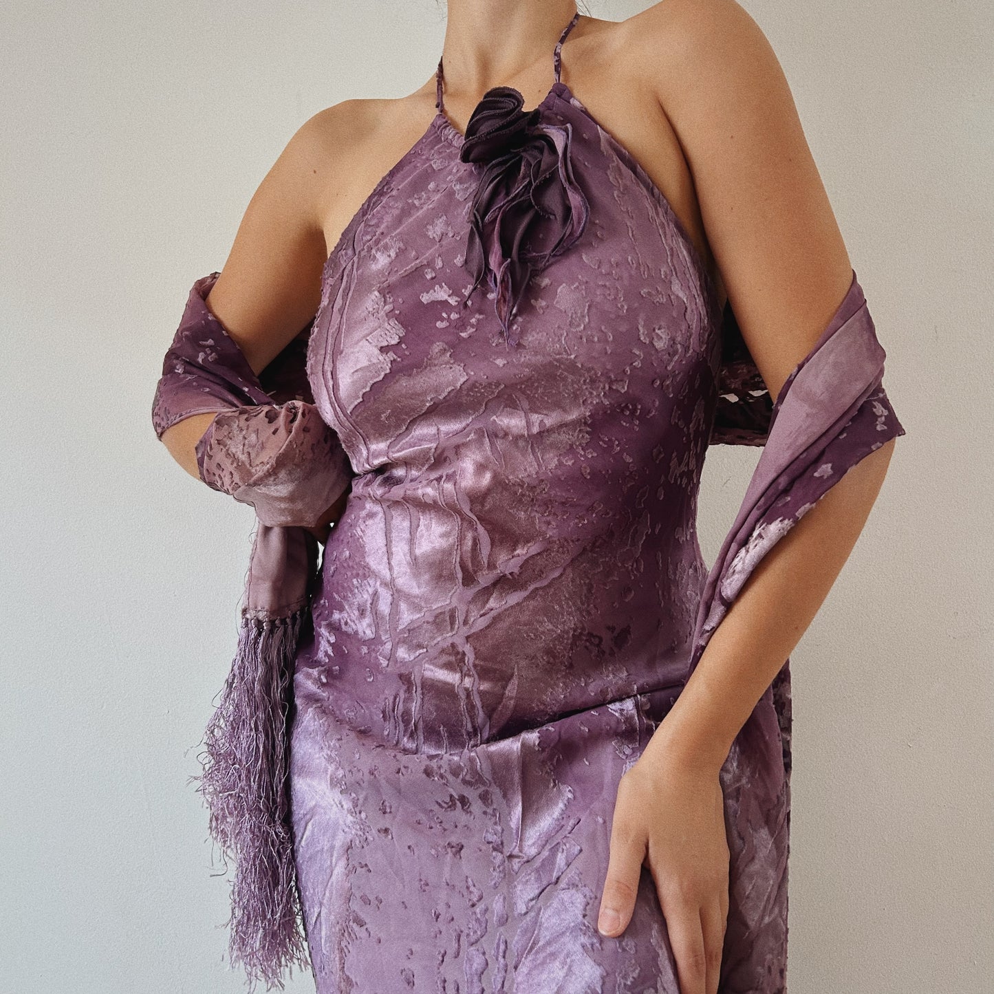 Spanish Halter Velvety Gown With Scarf