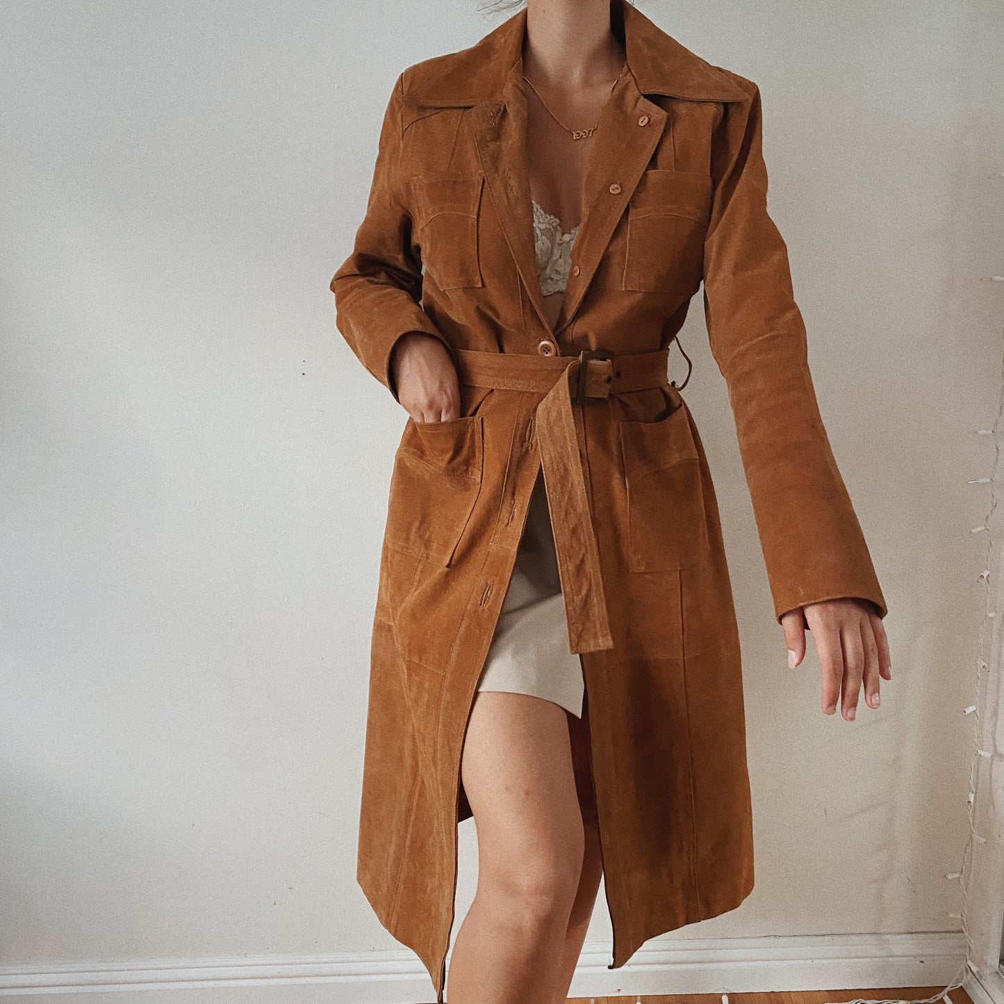 100% Leather Brown Vintage Belted Trench Coat