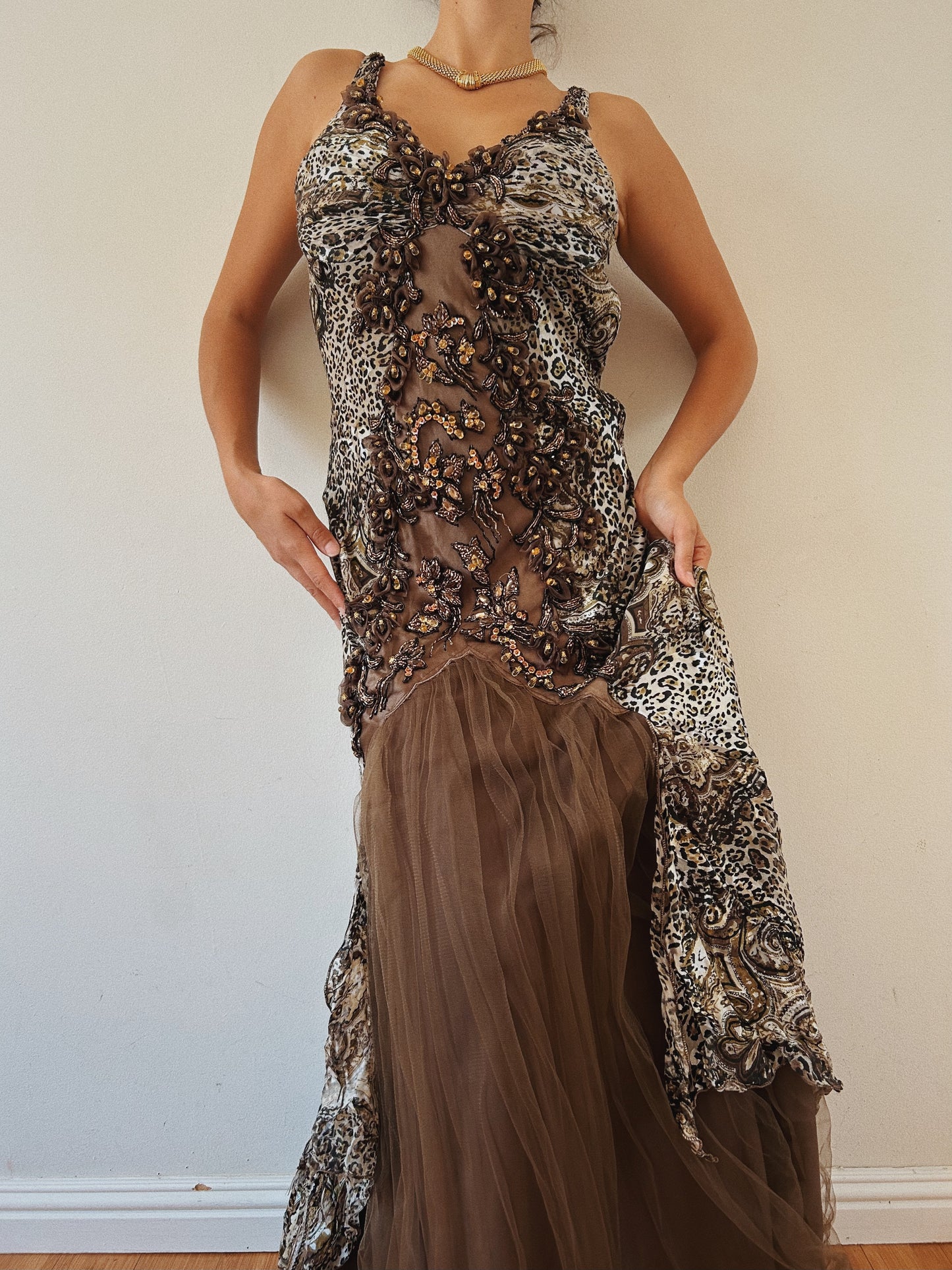 Animal Print Embellished Gown