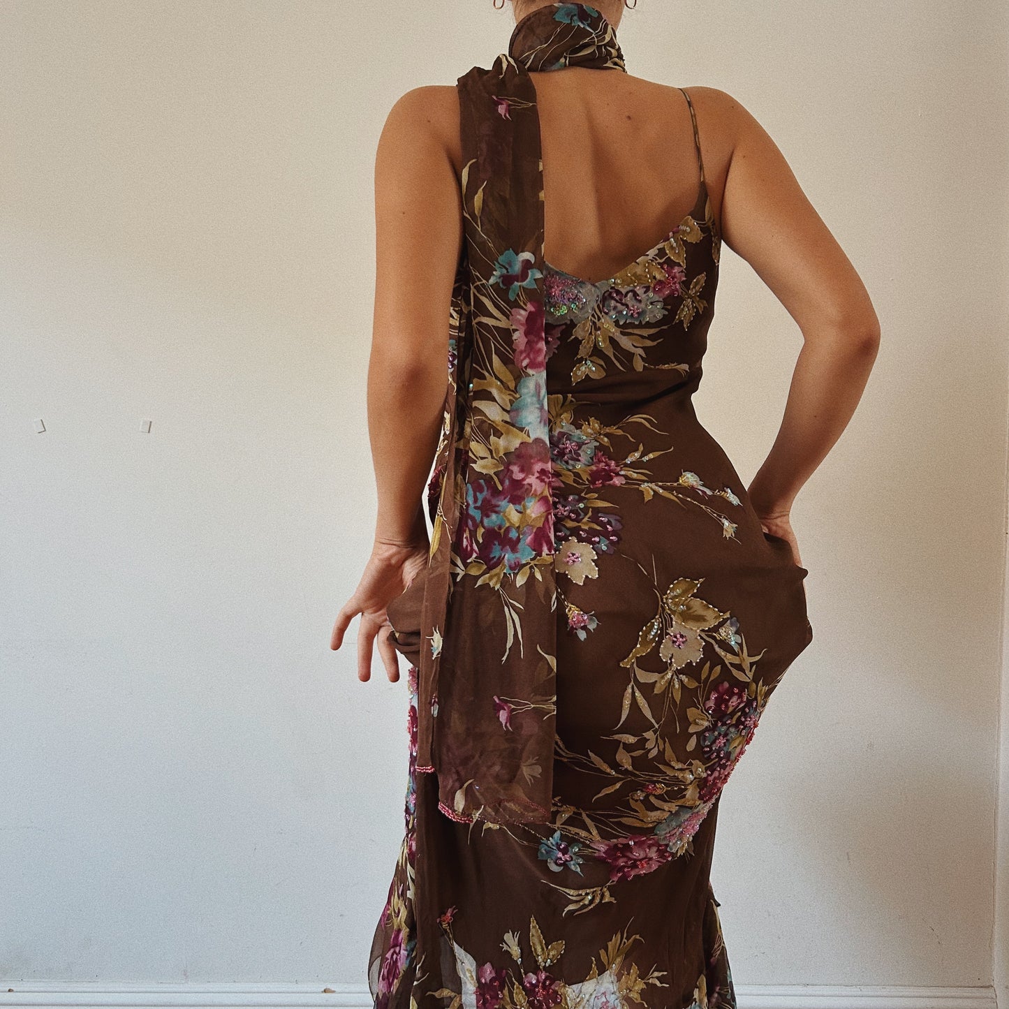 Silk Floral Beaded Maxi Dress with Shawl