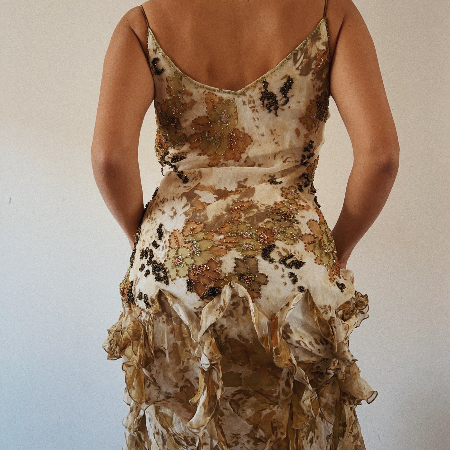 Stunning Silk Earth Fairy Beaded Ruffled Gown
