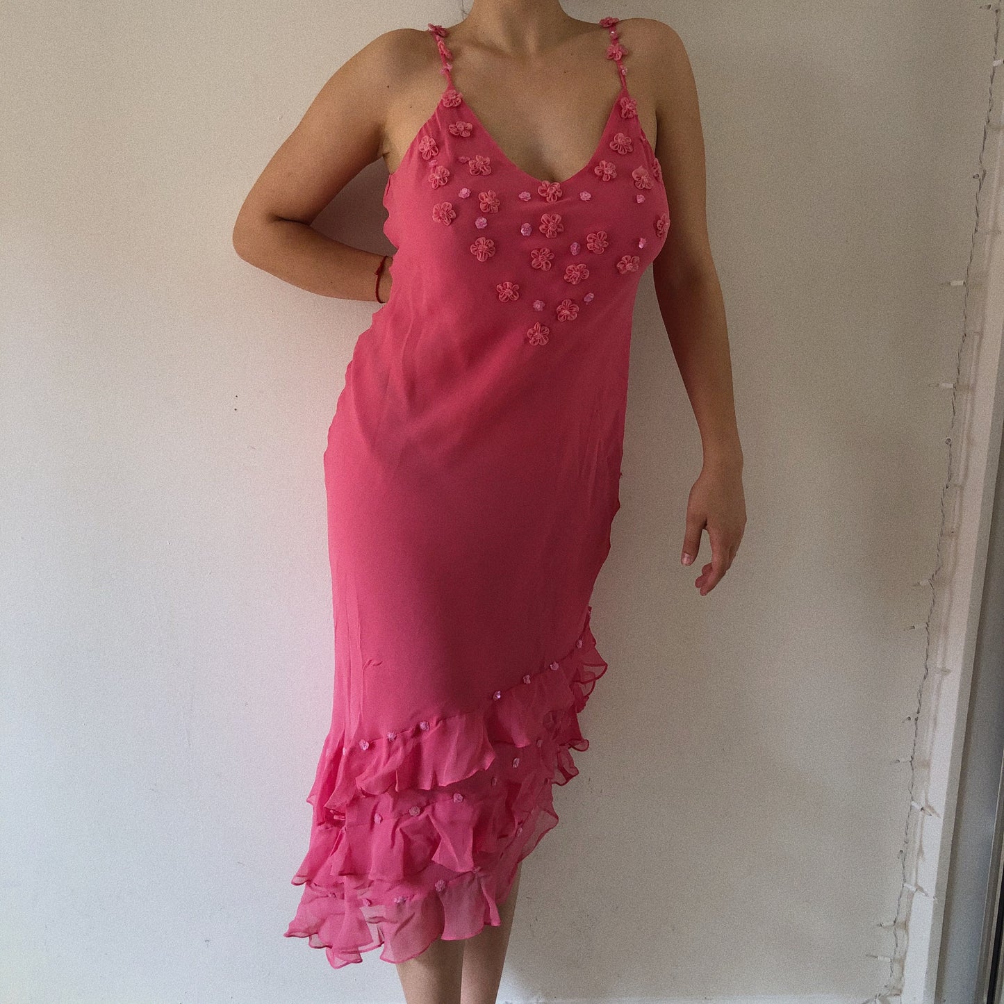 Pure Silk Hot Pink Flower Embellished Dress