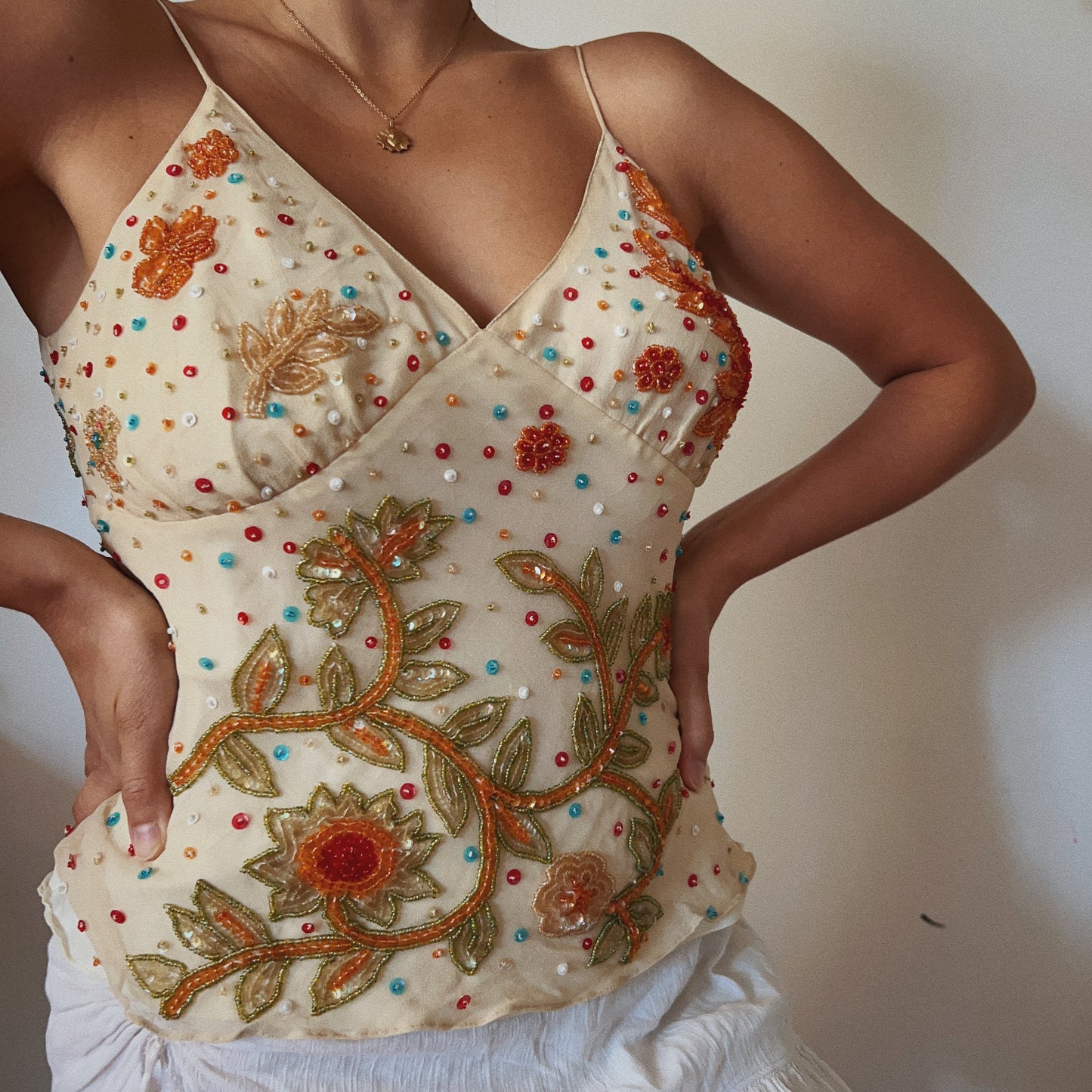 Silk Cream Embellished Cami Top