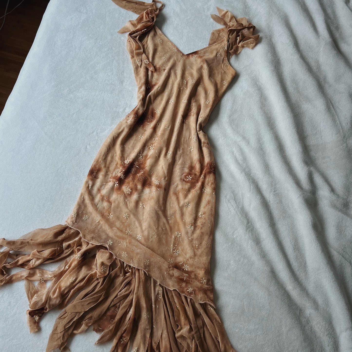 Tan Tie-Dye Midi Ruffle Fitted Dress