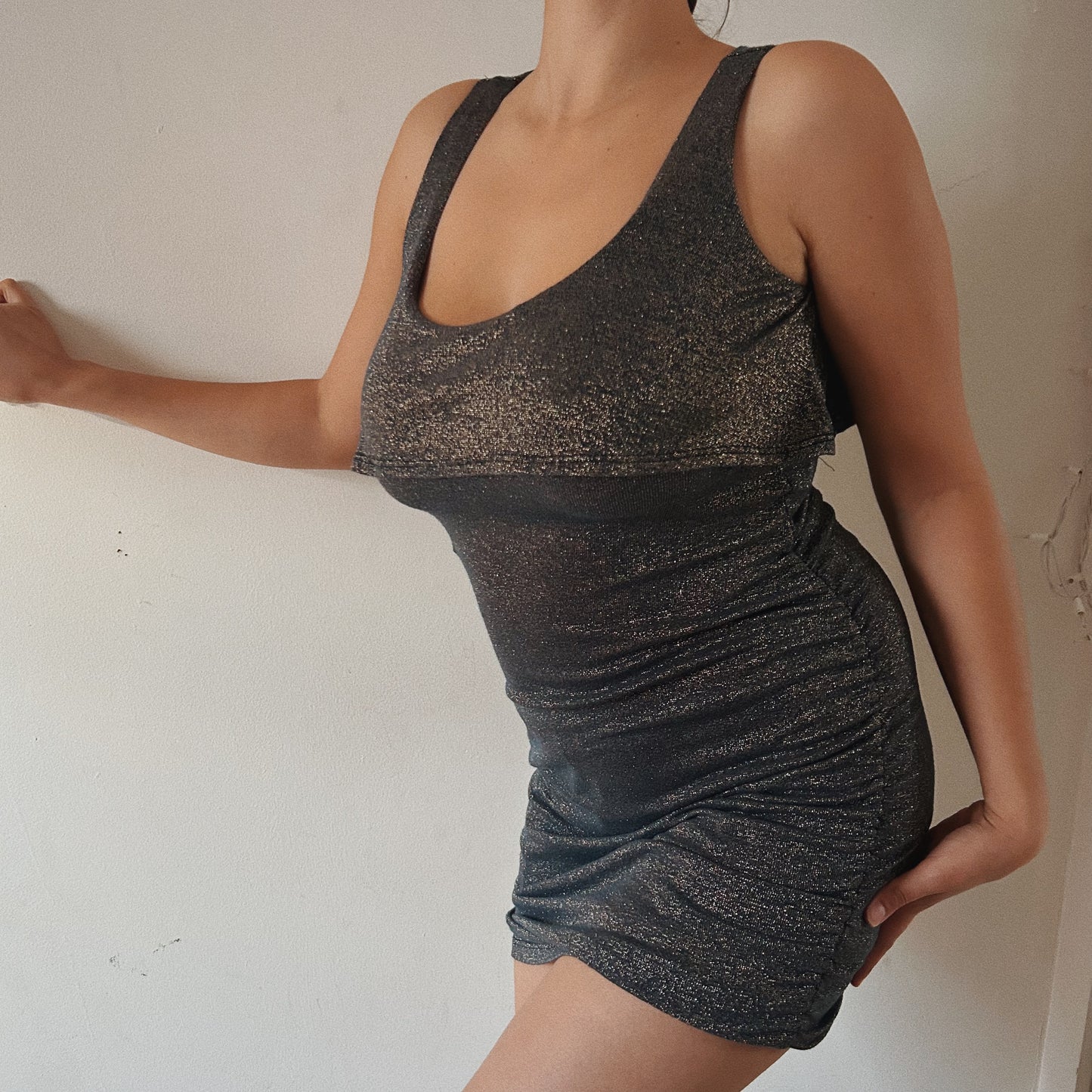 Shimmery open back mini dress