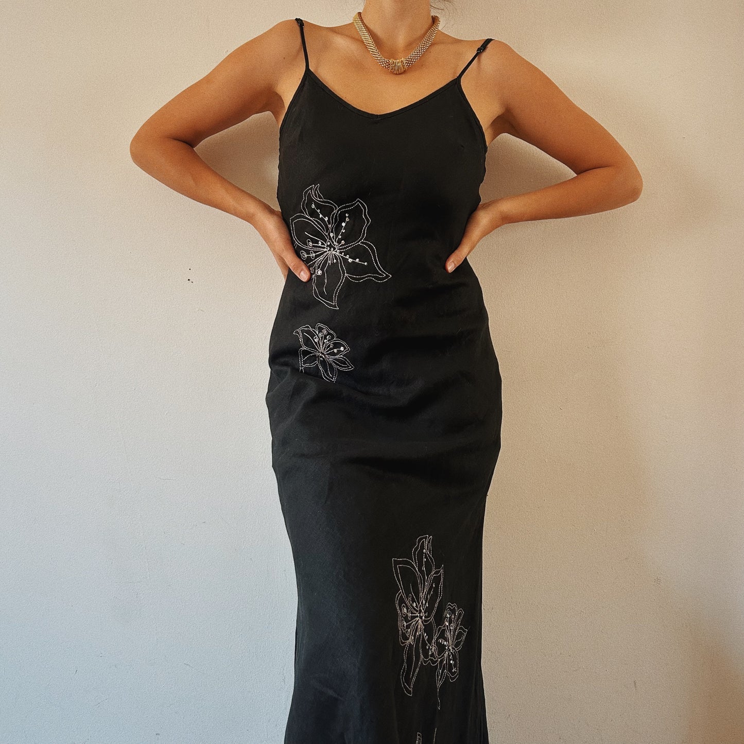 Linen Maxi Sequins Floral Dress