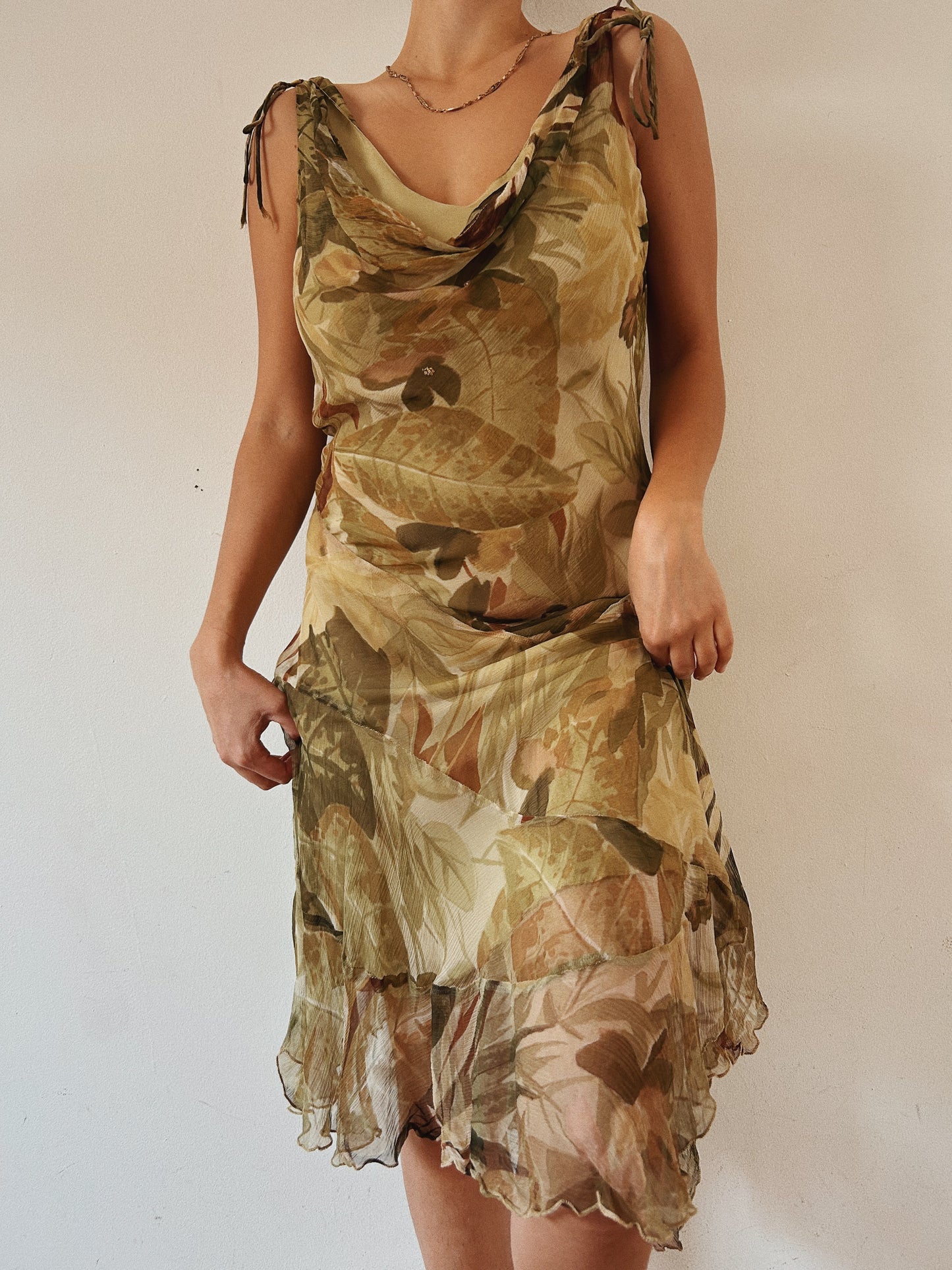 Green Floral Mesh Layered Cowl Neck Dress