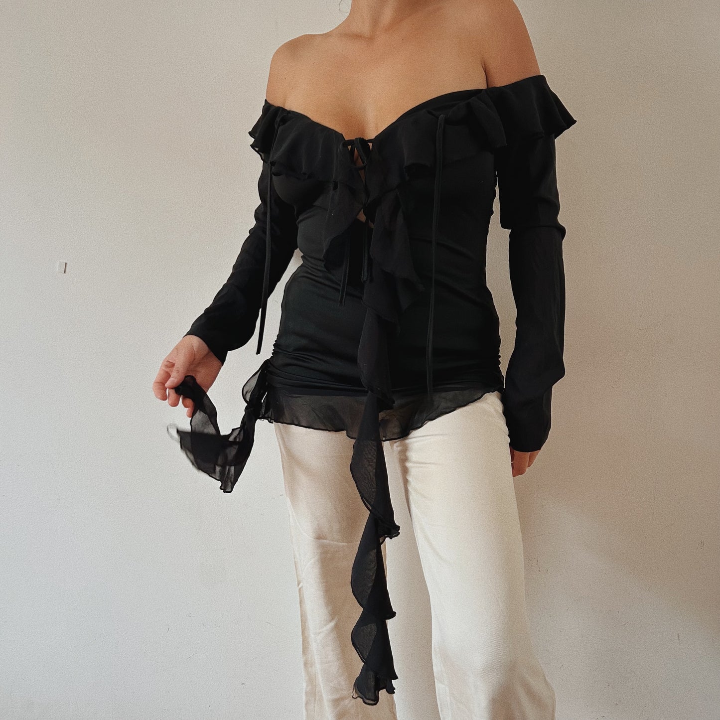 Black Mesh Off The Shoulder Ruffled Top