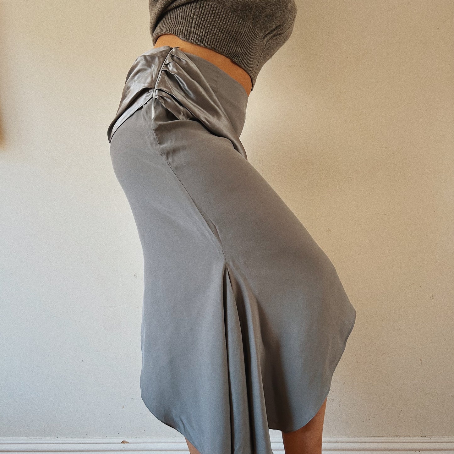 Silk grey midi skirt with side slit
