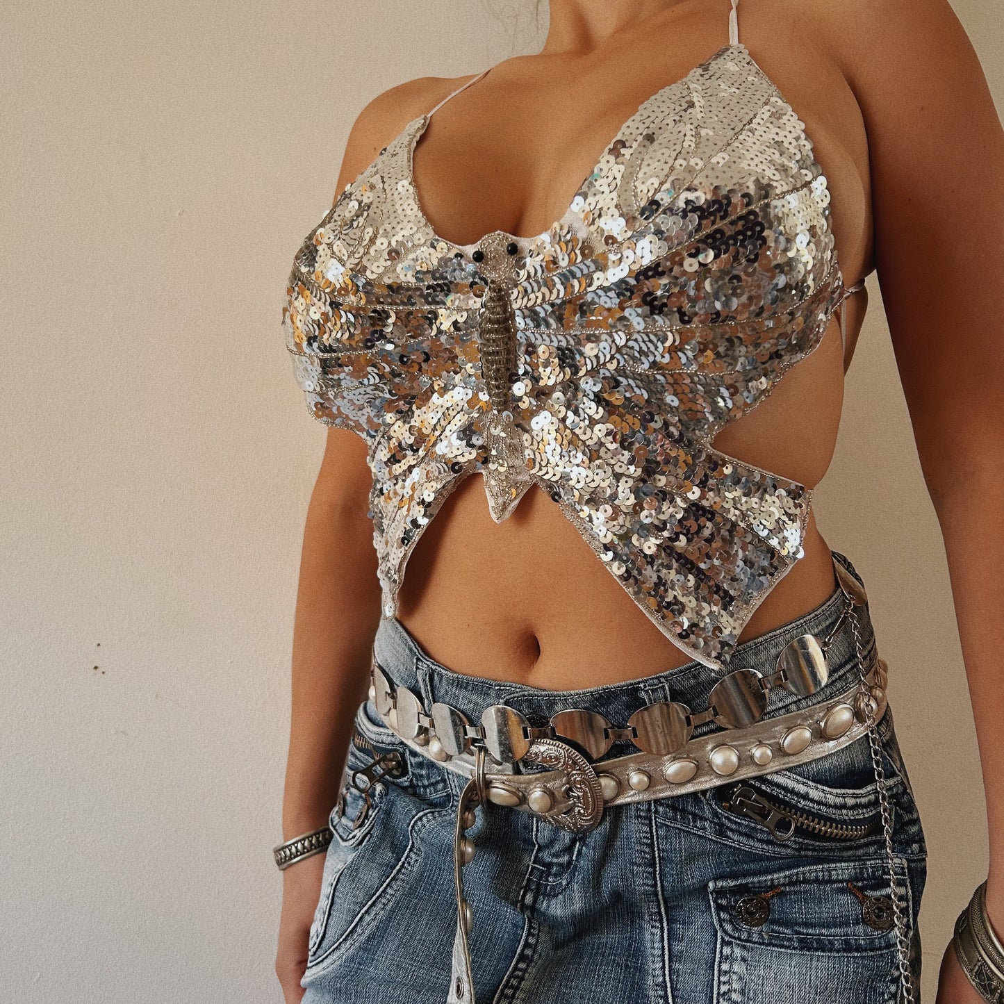 Butterfly silver sequins top