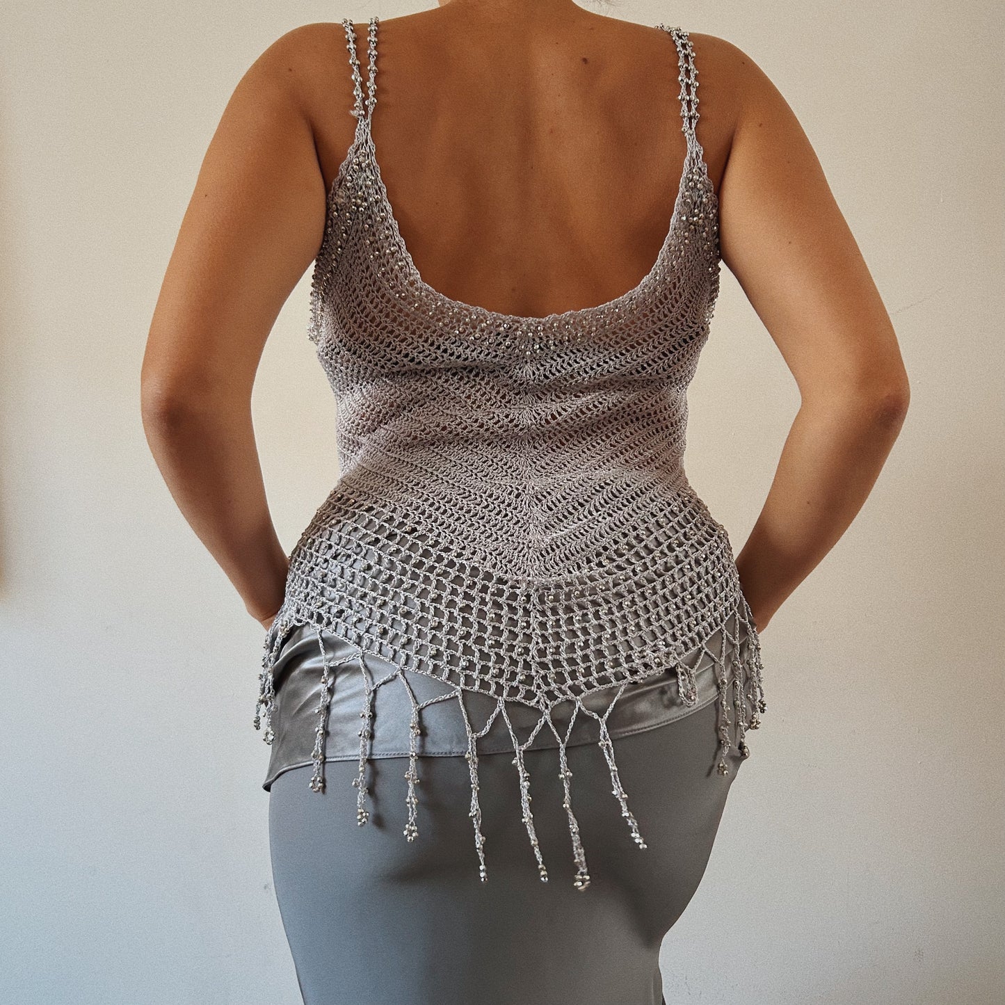 Embellished silver crochet top