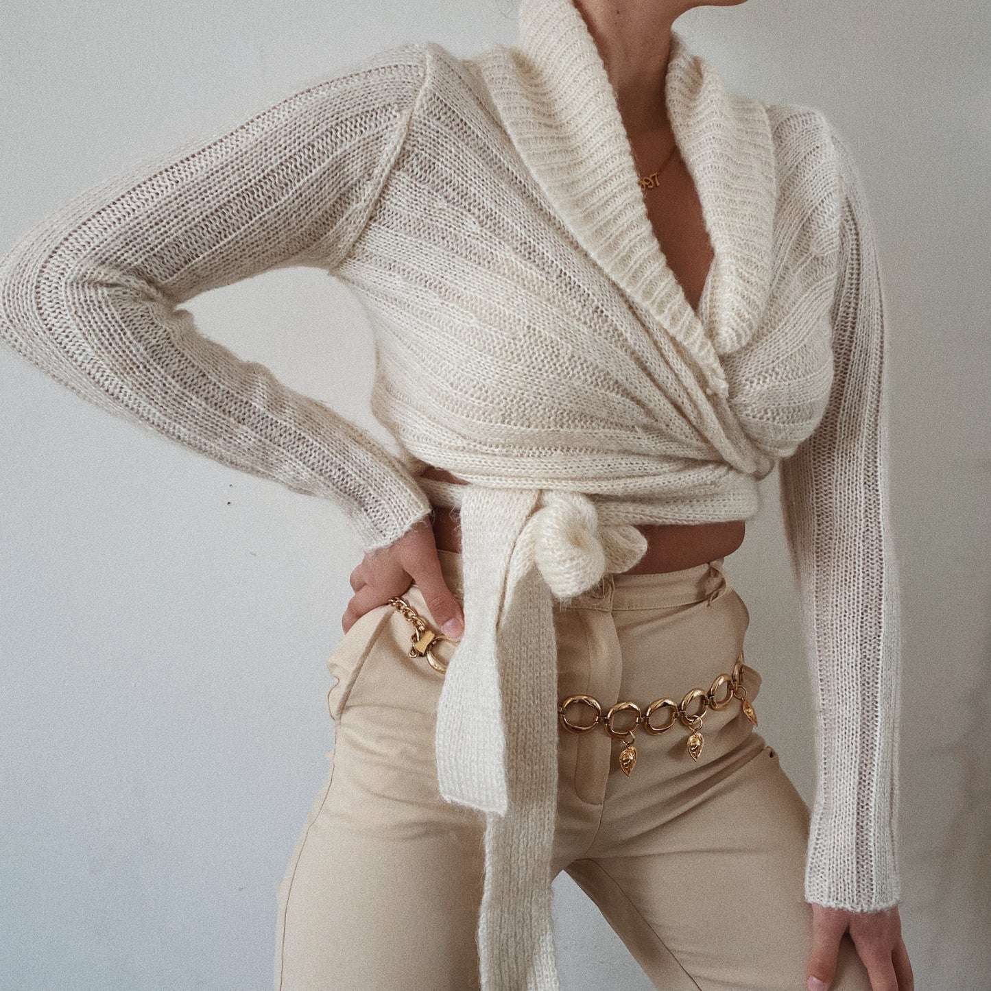 Cream Knit Wrap Crop Sweater