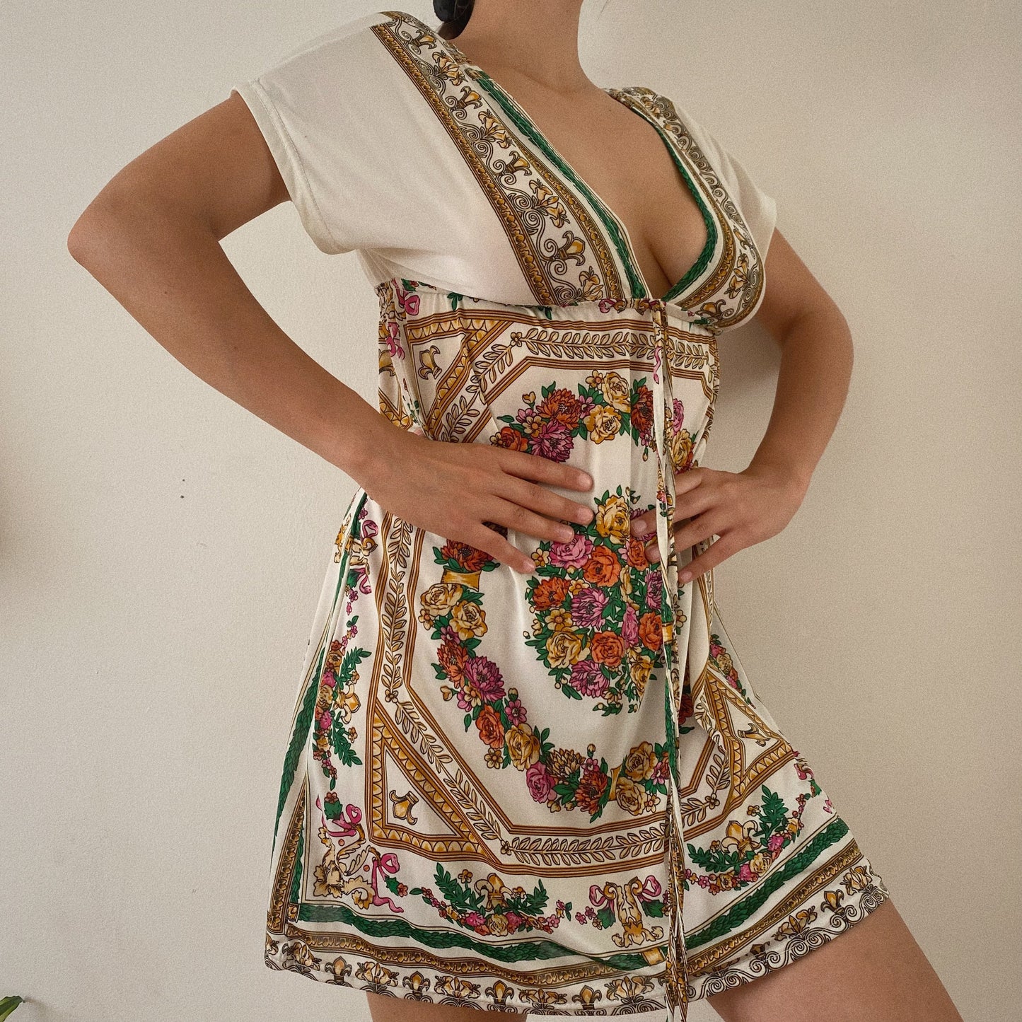 Vintage Pattern Floral V-Neck Mini Dress