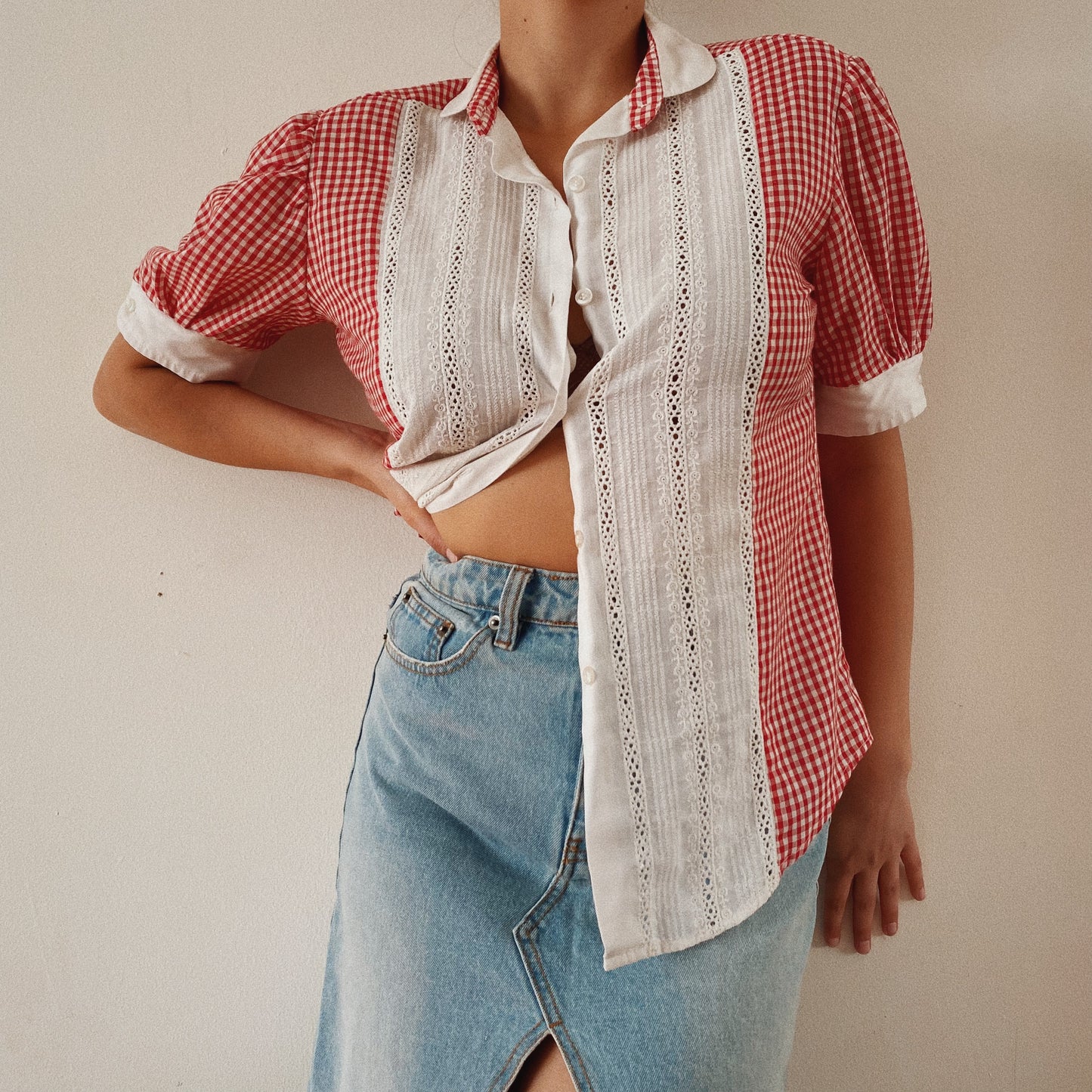 Vintage Gingham Red Lace Blouse