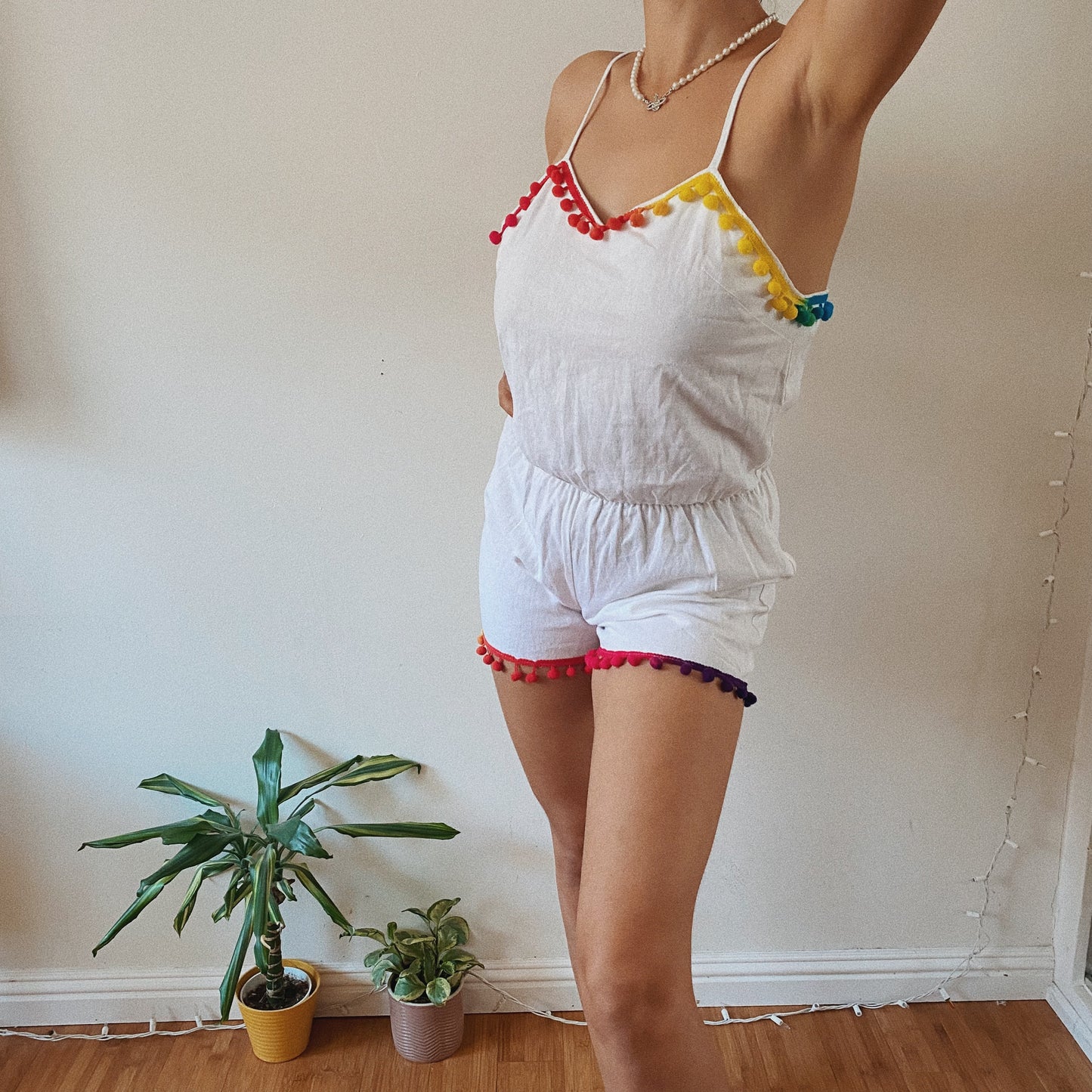 Linen White Summer Romper Rainbow Details