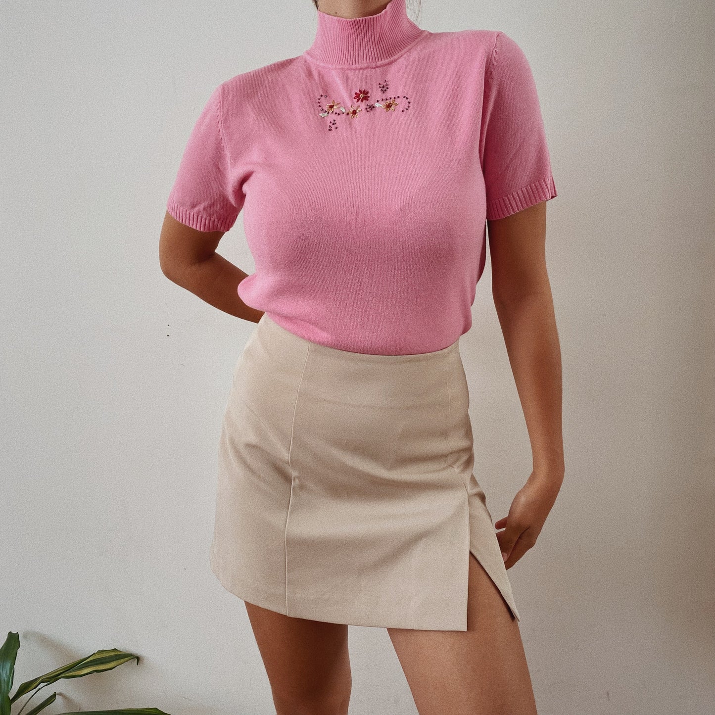 Cute Embroidered Pink Spring Mock Neck