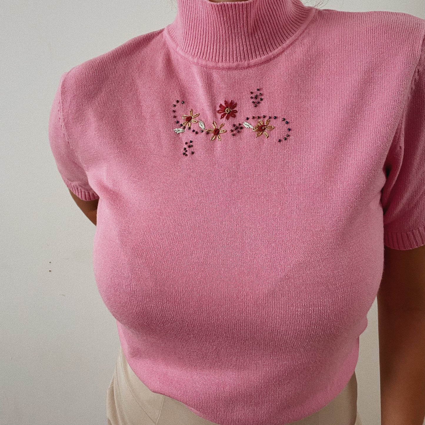 Cute Embroidered Pink Spring Mock Neck