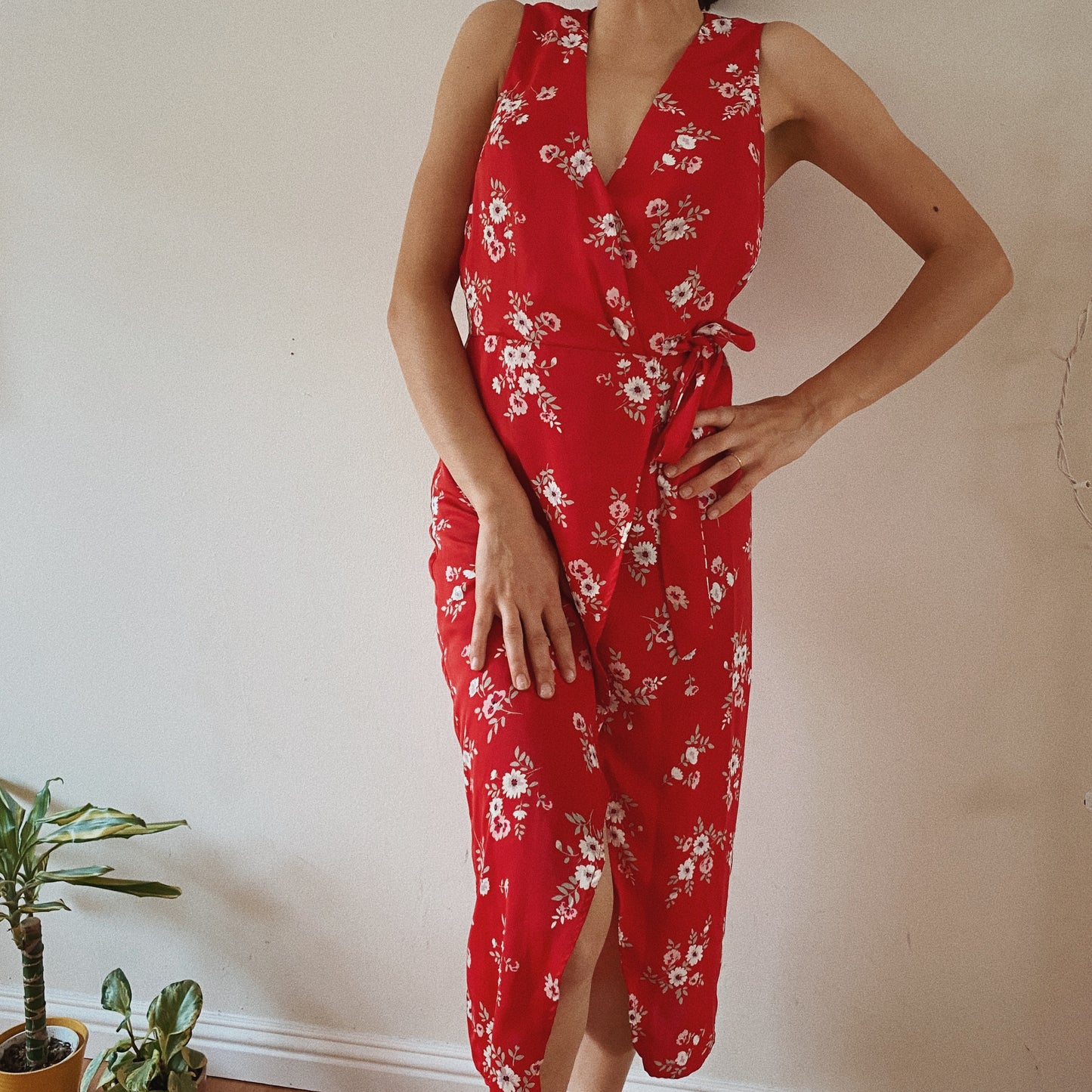 Floral Red Midi Summer Wrap Dress