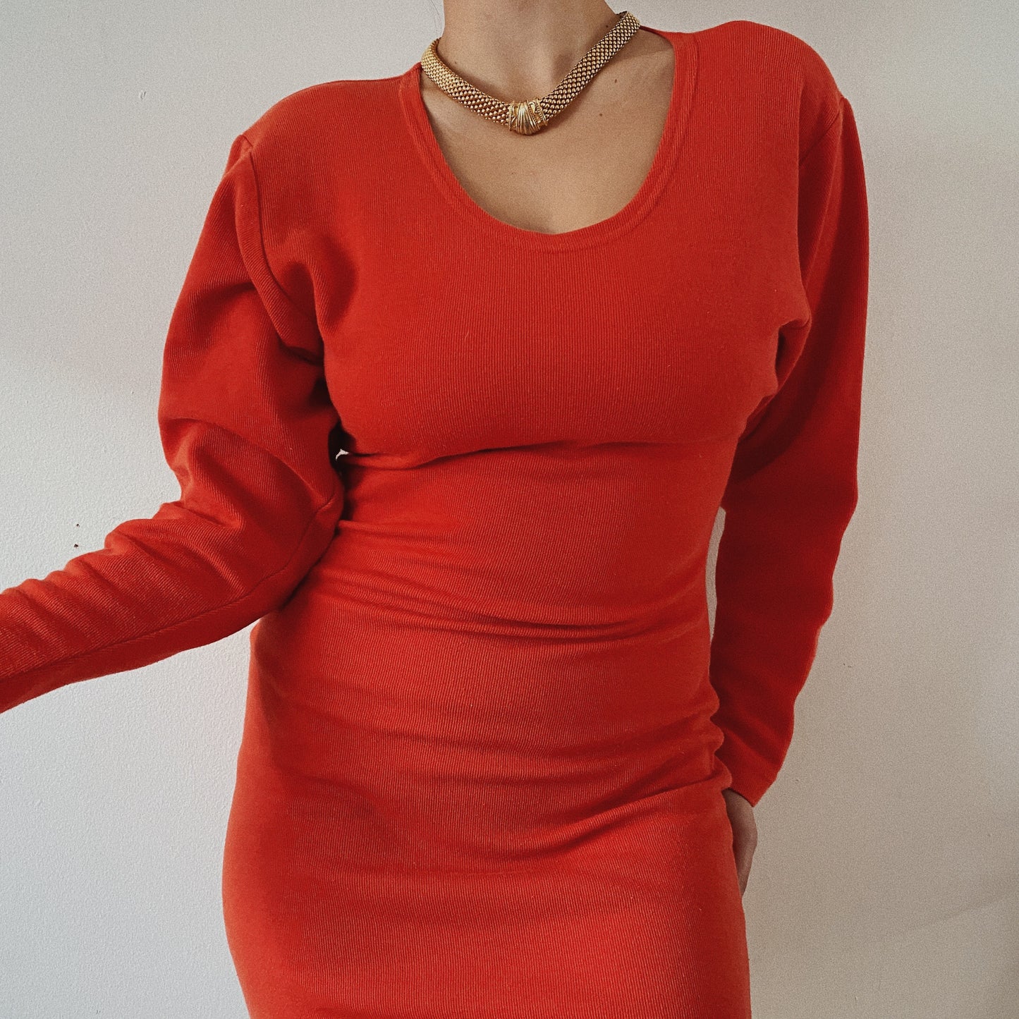80s Ribbed Cotton Red Dress
