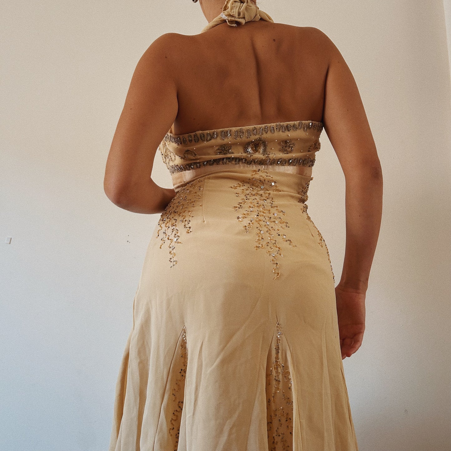 Cream Beaded Flowy Midi Dress