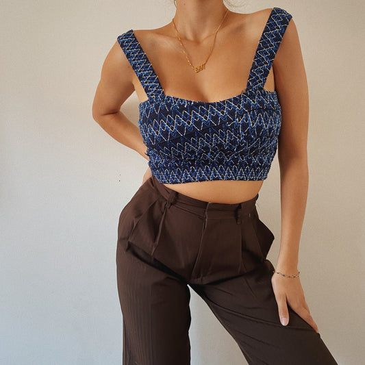 Embroidered Navy Blue Crop Top