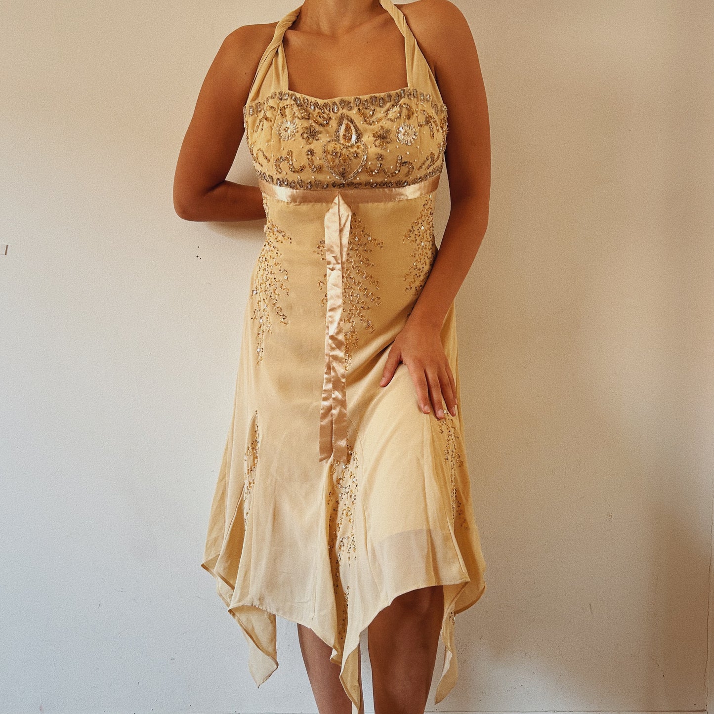 Cream Beaded Flowy Midi Dress