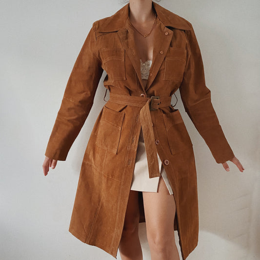 100% Leather Brown Vintage Belted Trench Coat