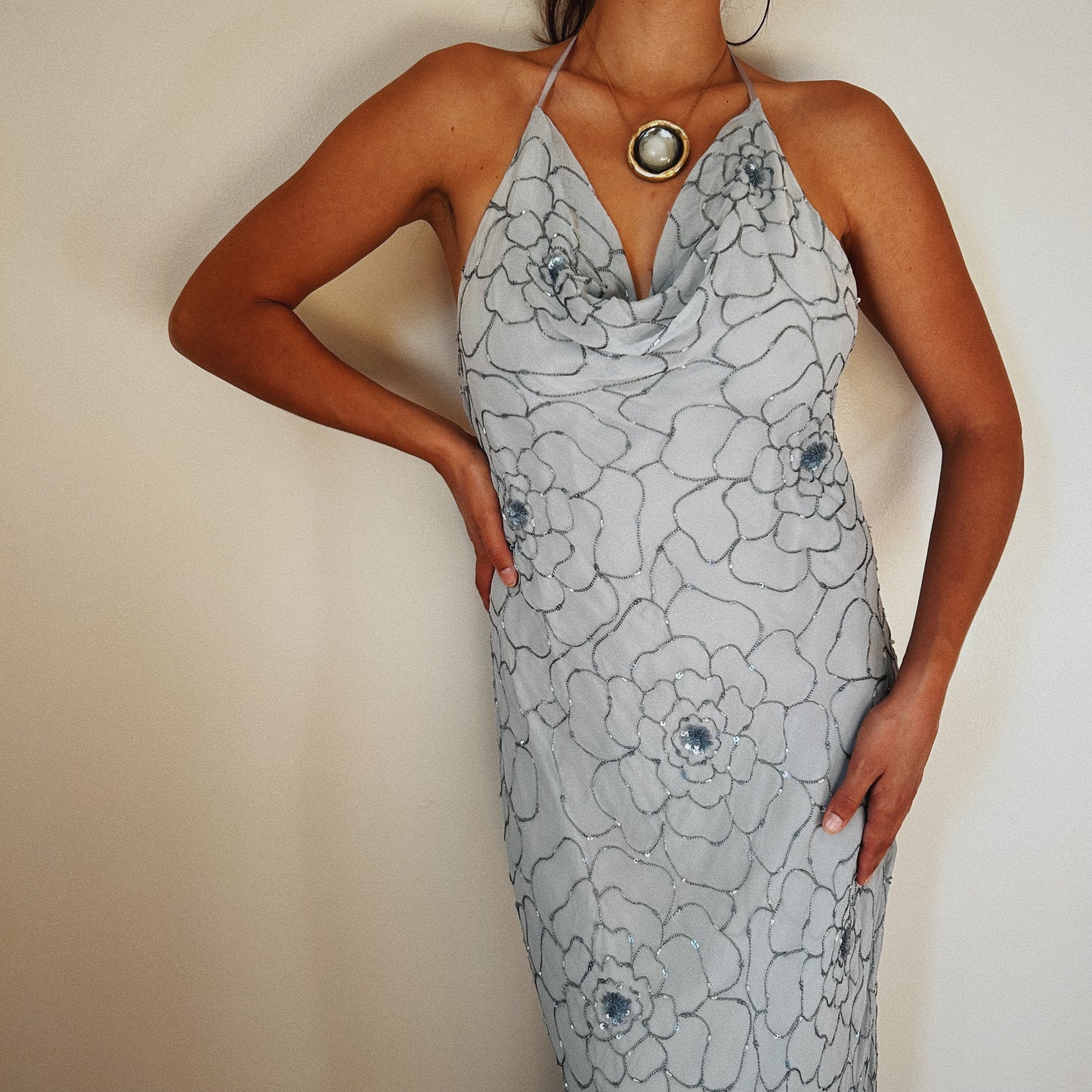Elegant Beaded Cowl Neck Dress