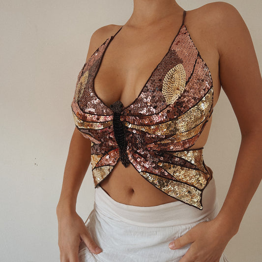 Brown Viral butterfly Sequins Top