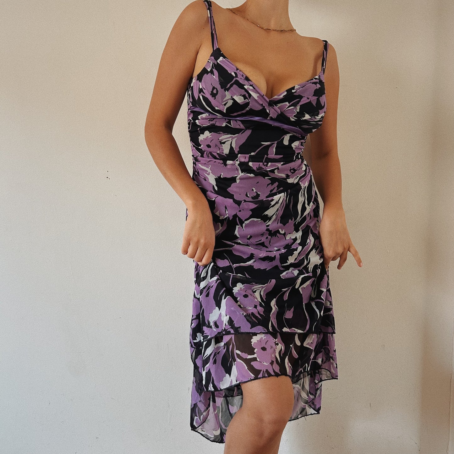 Midi Purple Floral Ruched Summer Dress