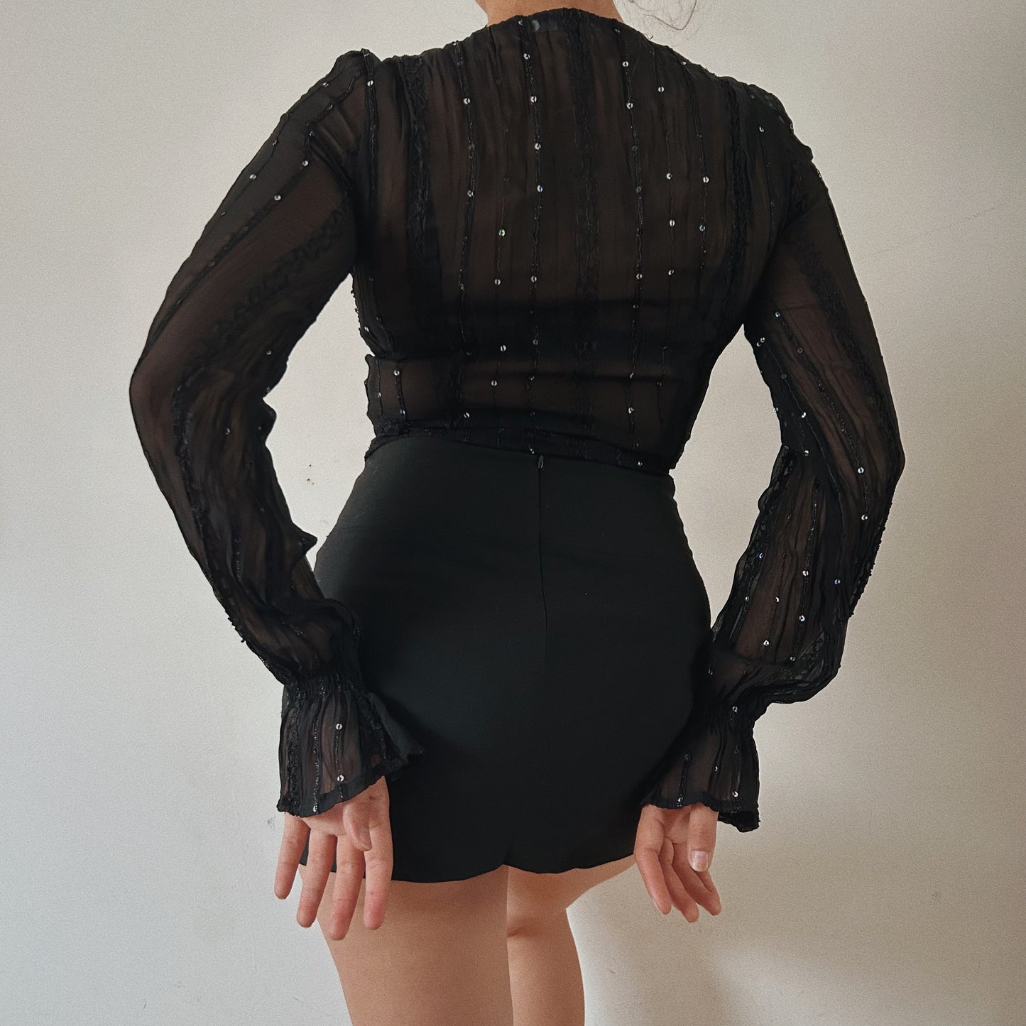 Mesh embellished black blouse